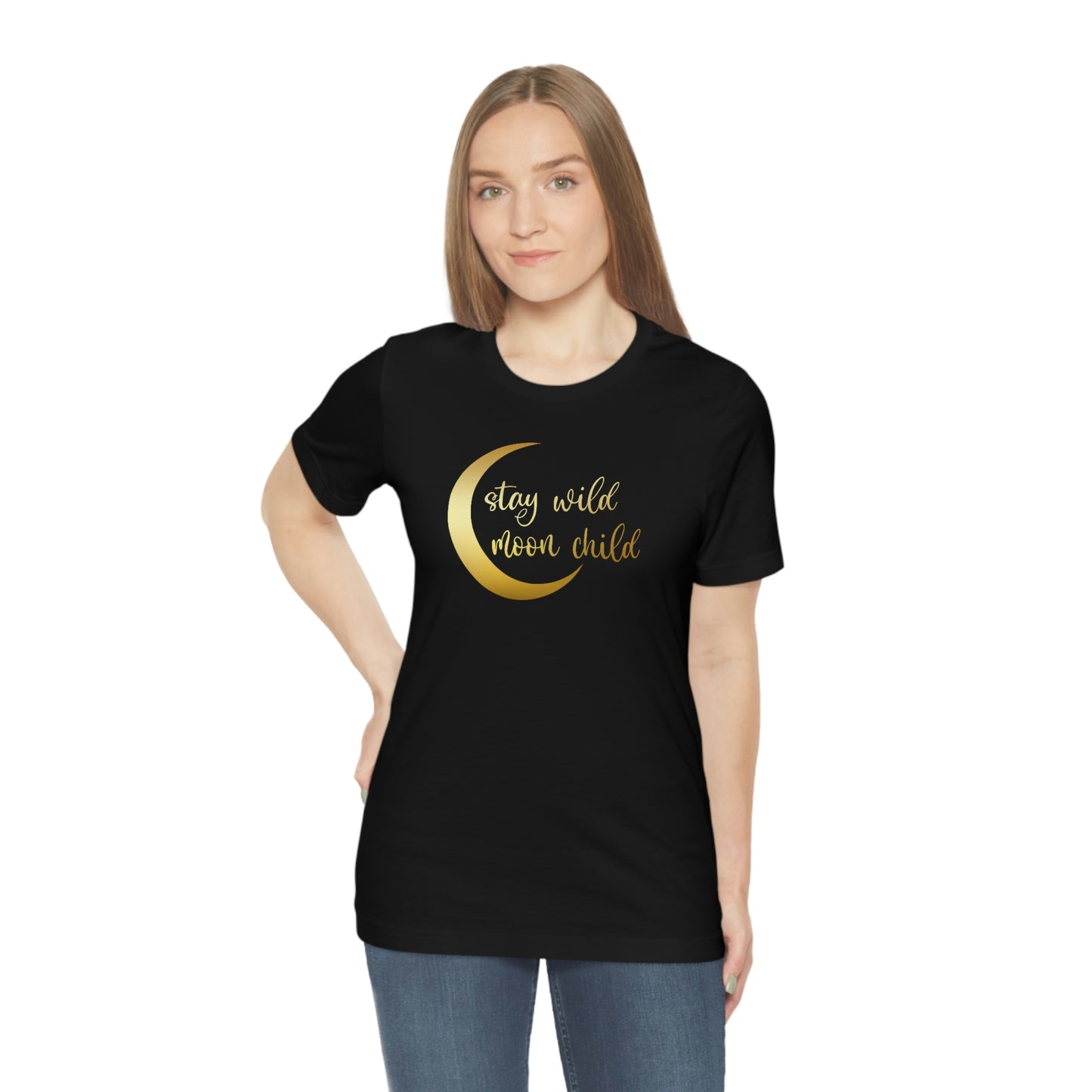 Stay Wild Moon Child Gold Font Unisex Jersey Short Sleeve Tee