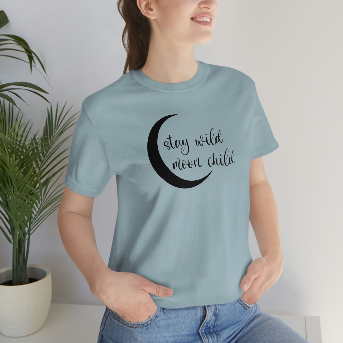 Stay Wild Moon Child Black Font Unisex Jersey Short Sleeve Tee