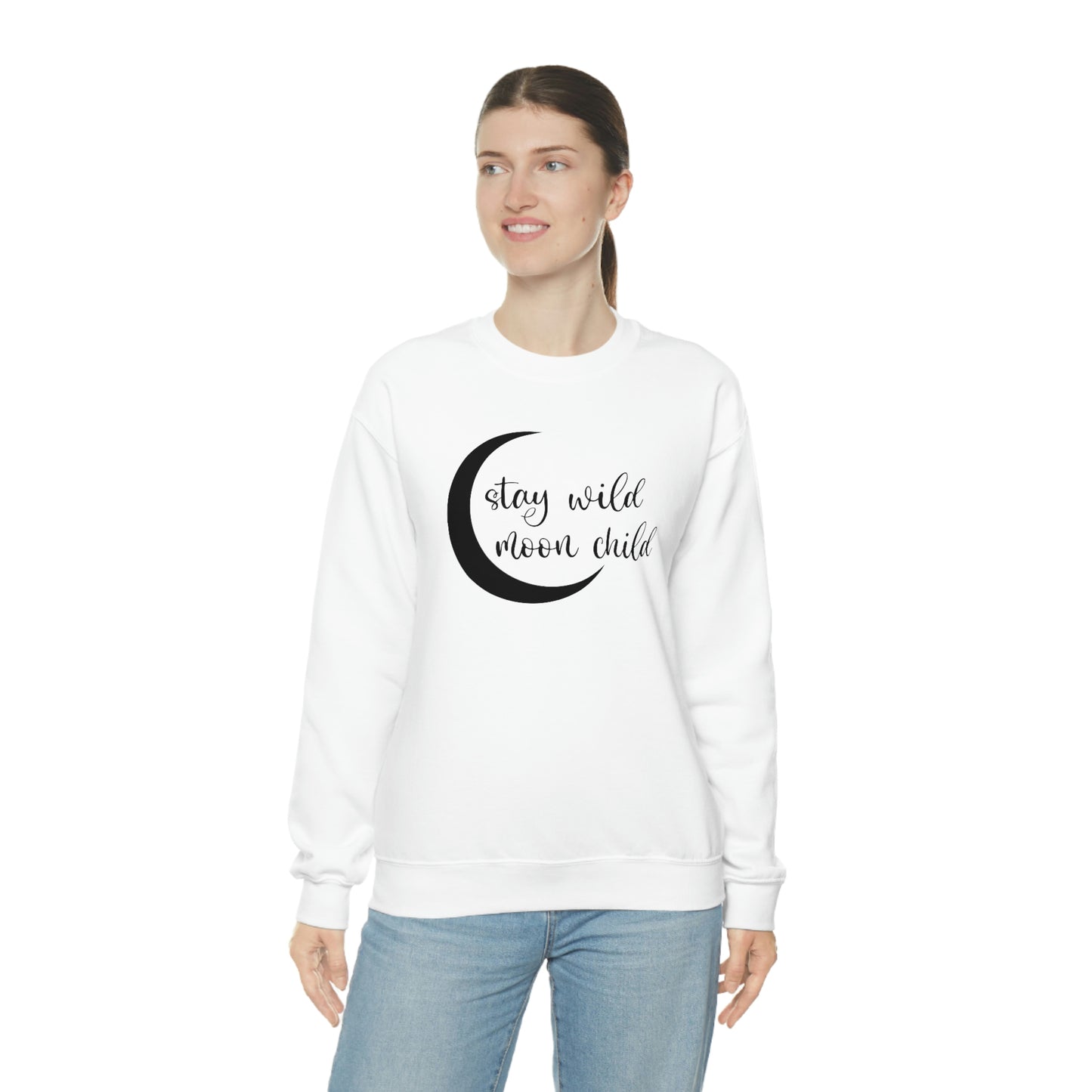 Stay Wild Moon Child Black Font White unisex heavy blend crewneck sweatshirt