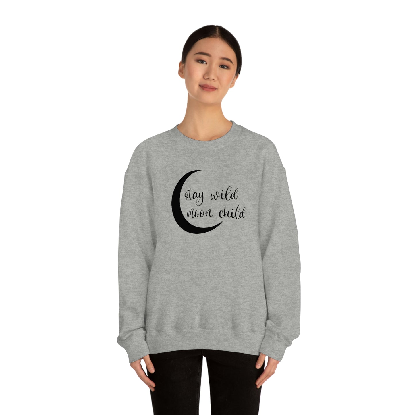 Stay Wild Moon Child Black Font White unisex heavy blend crewneck sweatshirt