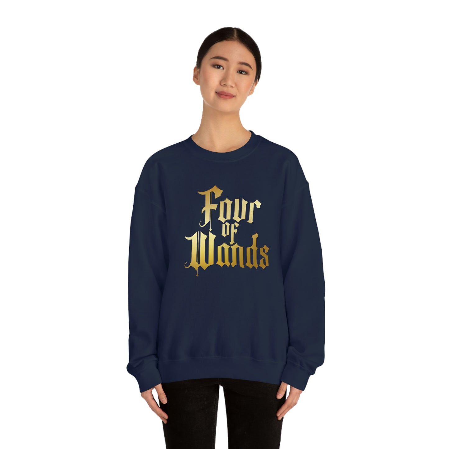 Four of Wands Logo Gold Font Black unisex heavy blend crewneck sweatshirt