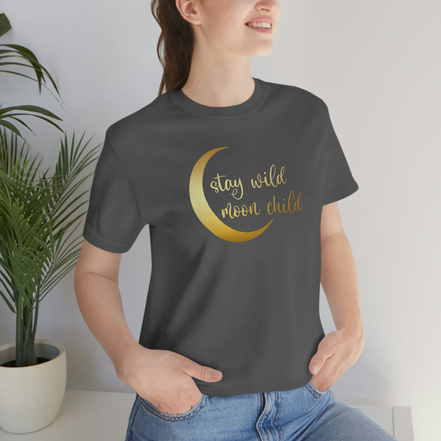 Stay Wild Moon Child Gold Font Unisex Jersey Short Sleeve Tee