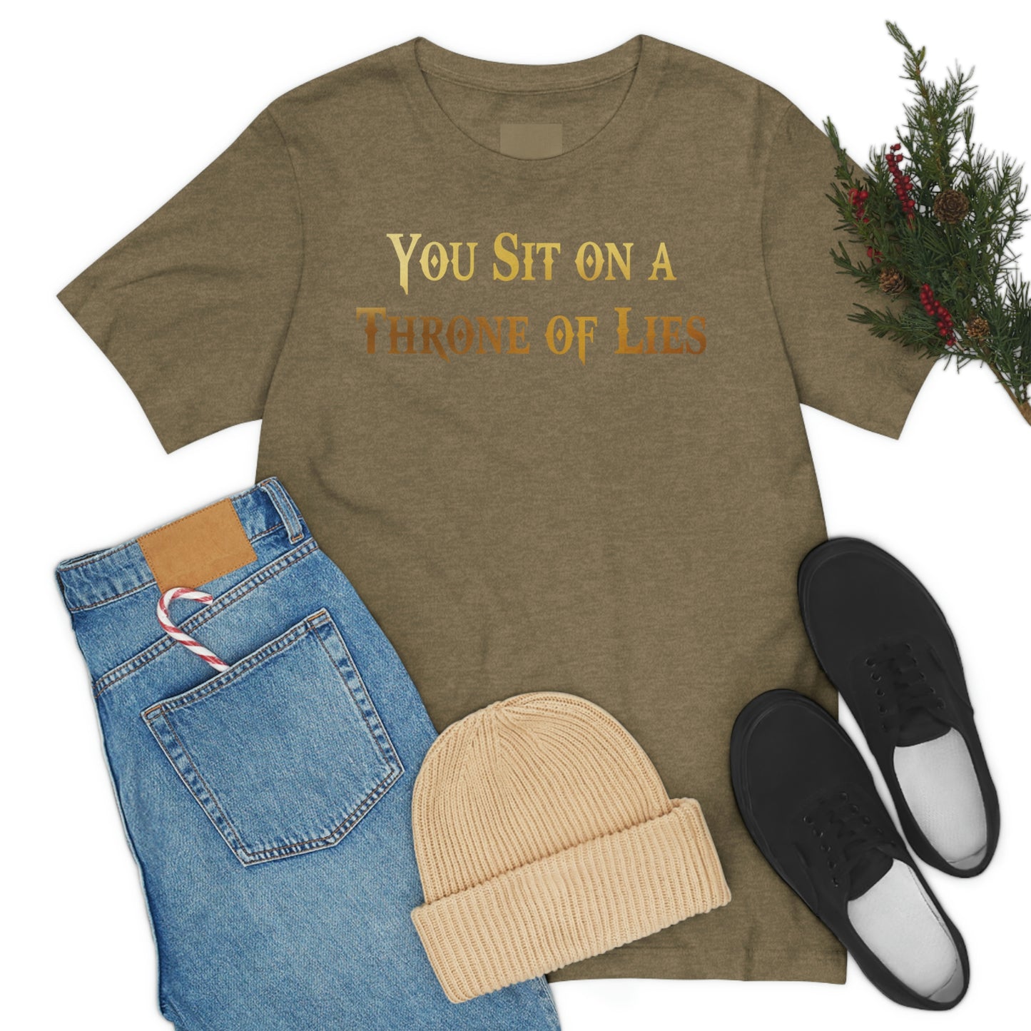 You Sit on A Throne of Lies Gold Font Unisex Jersey Short Sleeve Tee