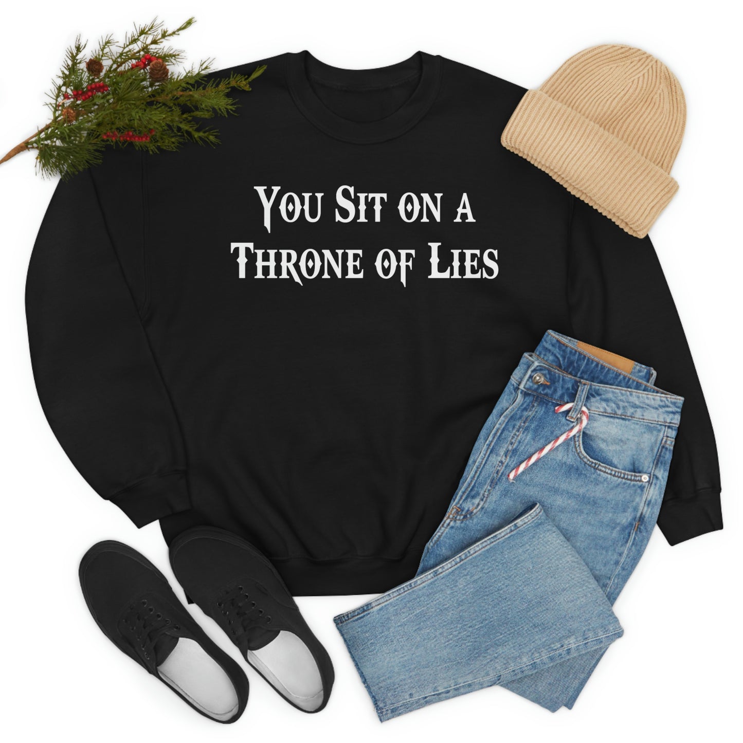 You Sit on A Throne of Lies White Font unisex heavy blend crewneck sweatshirt