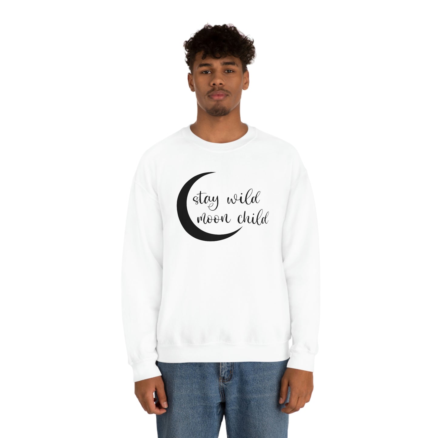 Stay Wild Moon Child Black Font White unisex heavy blend crewneck sweatshirt