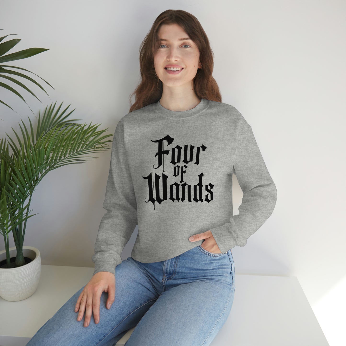 Four of Wands Black Logo White unisex heavy blend crewneck sweatshirt