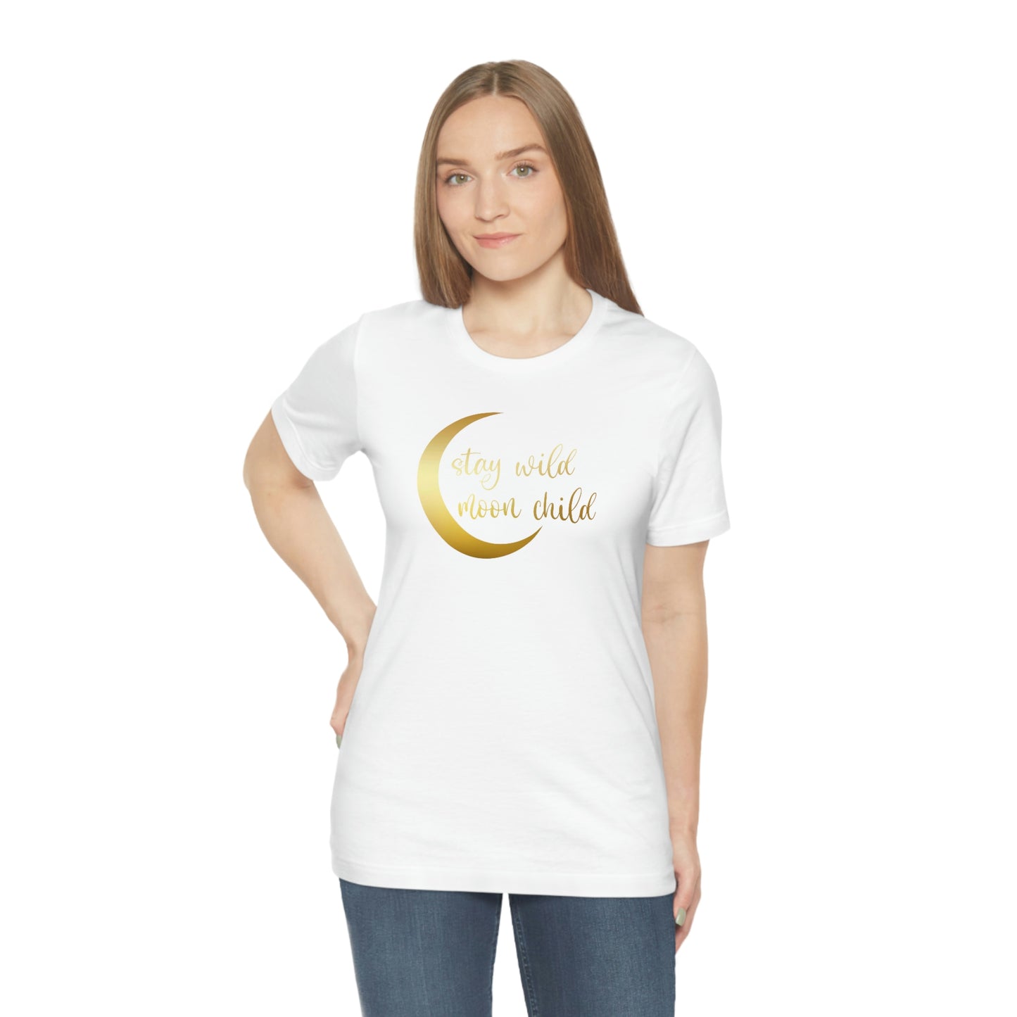 Stay Wild Moon Child Gold Font Unisex Jersey Short Sleeve Tee