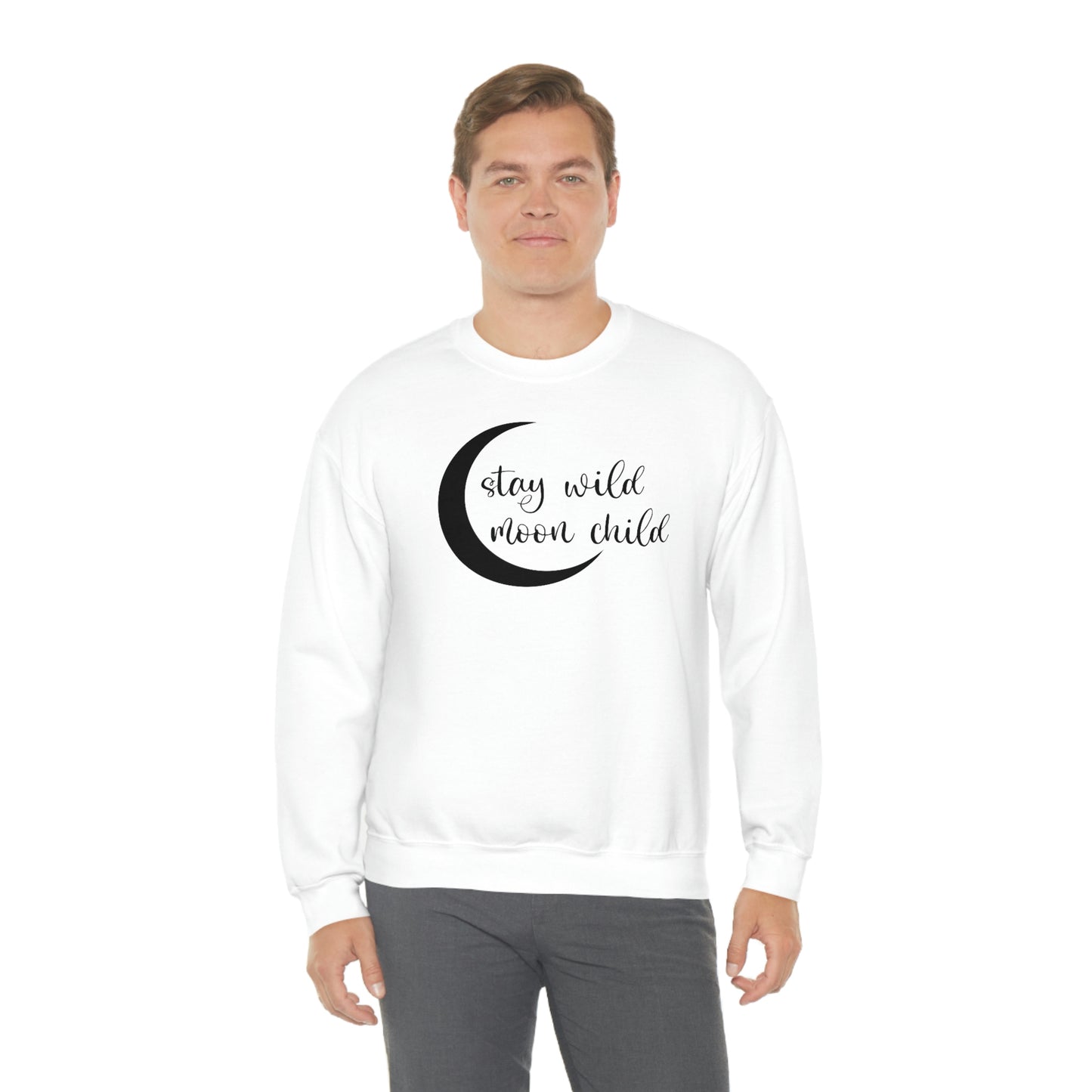 Stay Wild Moon Child Black Font White unisex heavy blend crewneck sweatshirt