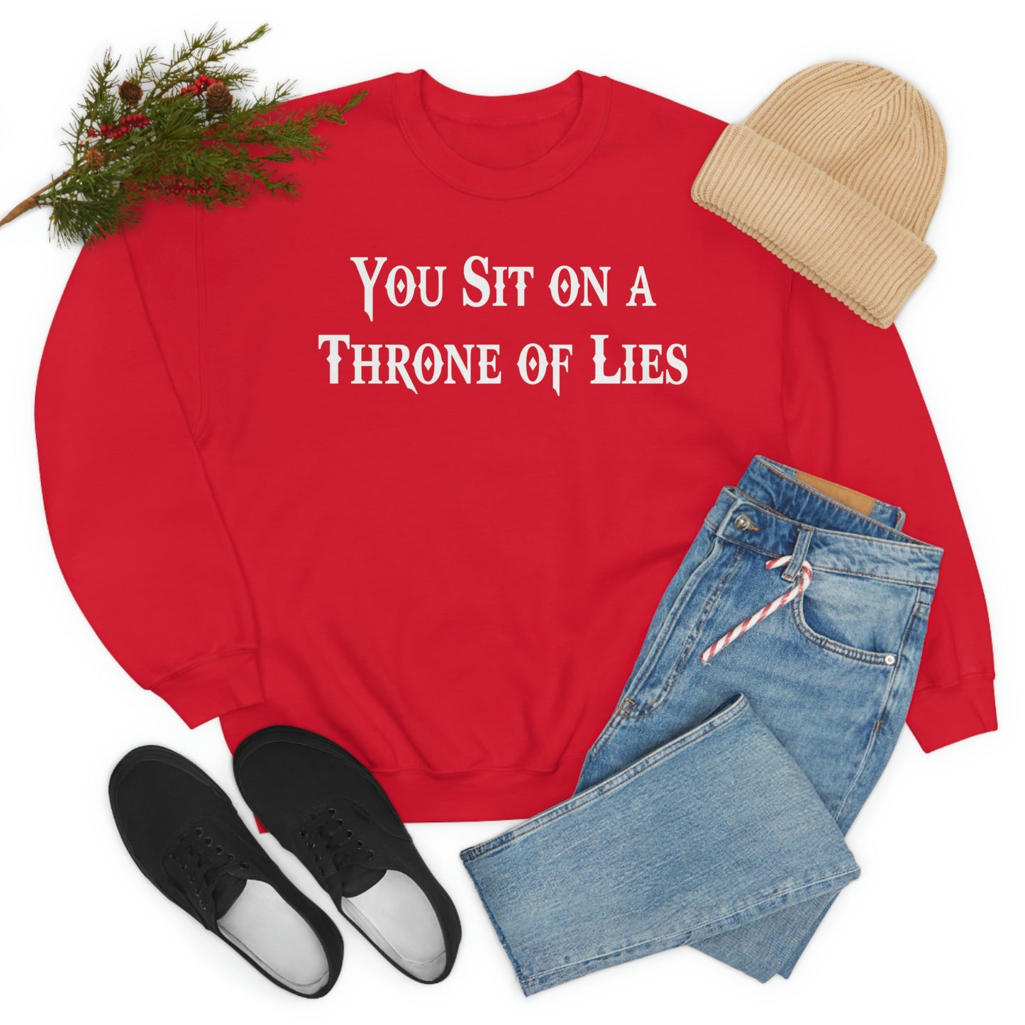 You Sit on A Throne of Lies White Font unisex heavy blend crewneck sweatshirt