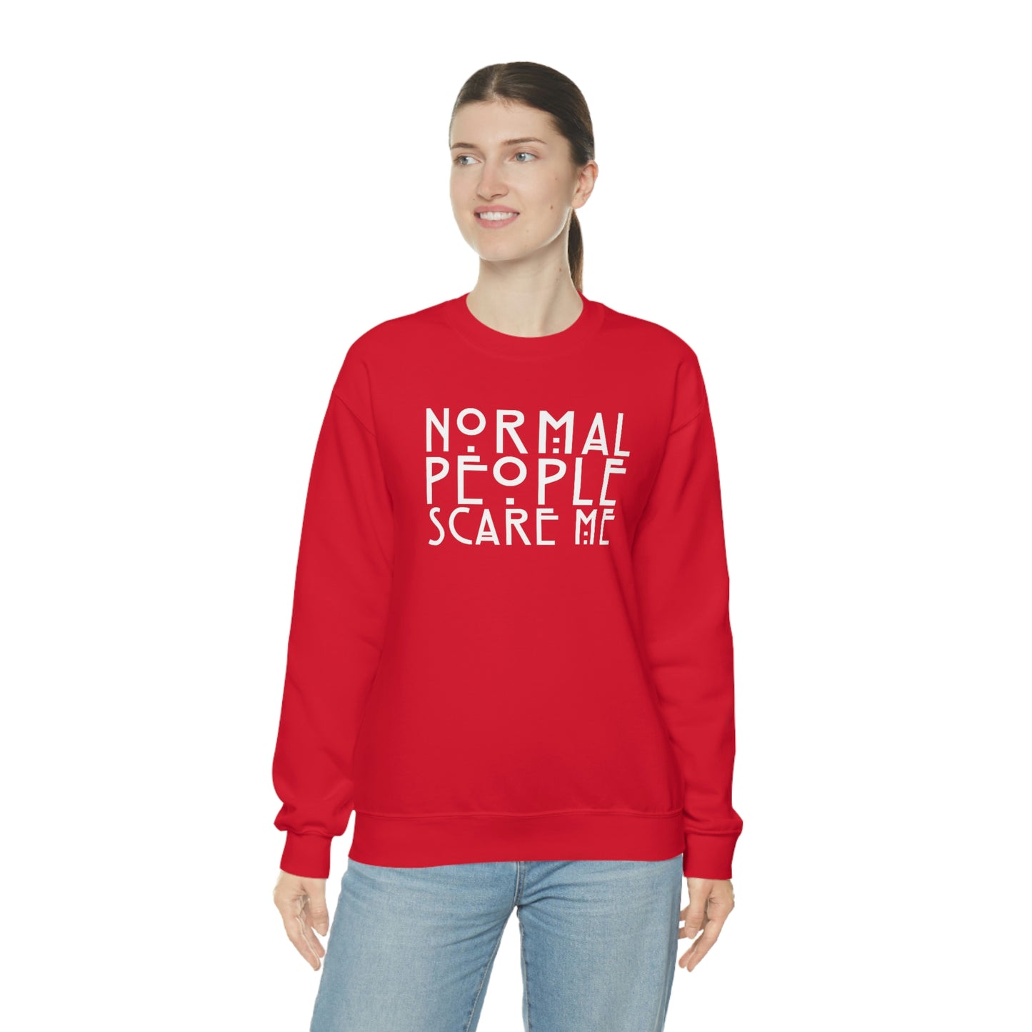 Normal People Scare Me White Font unisex heavy blend crewneck sweatshirt