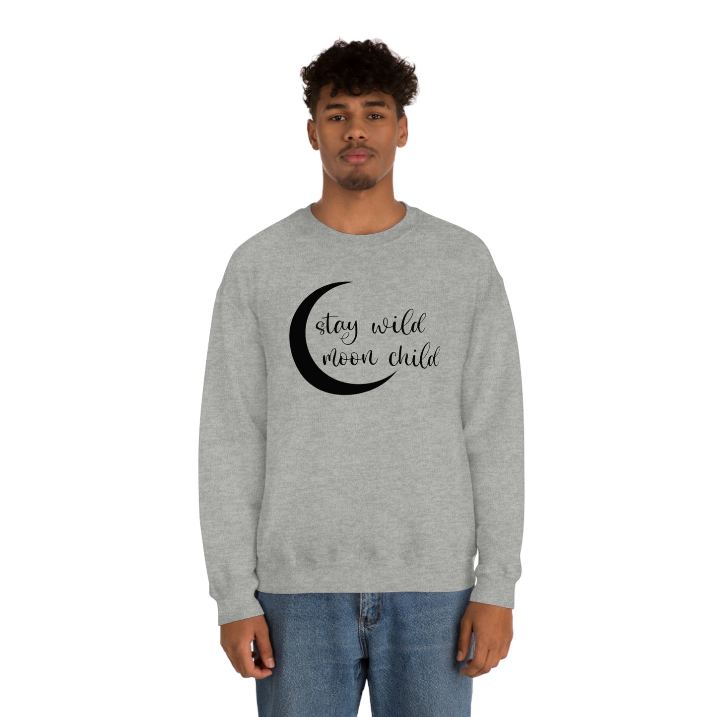 Stay Wild Moon Child Black Font White unisex heavy blend crewneck sweatshirt