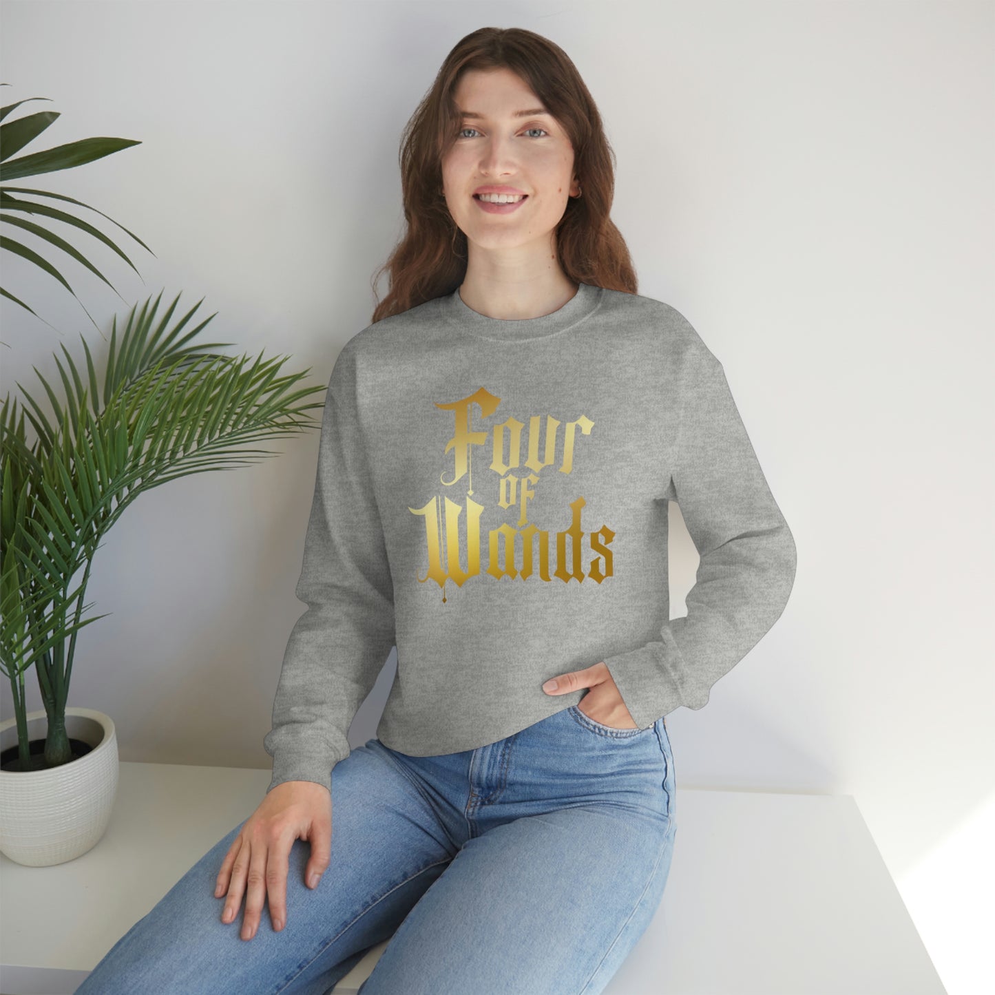 Four of Wands Logo Gold Font Black unisex heavy blend crewneck sweatshirt