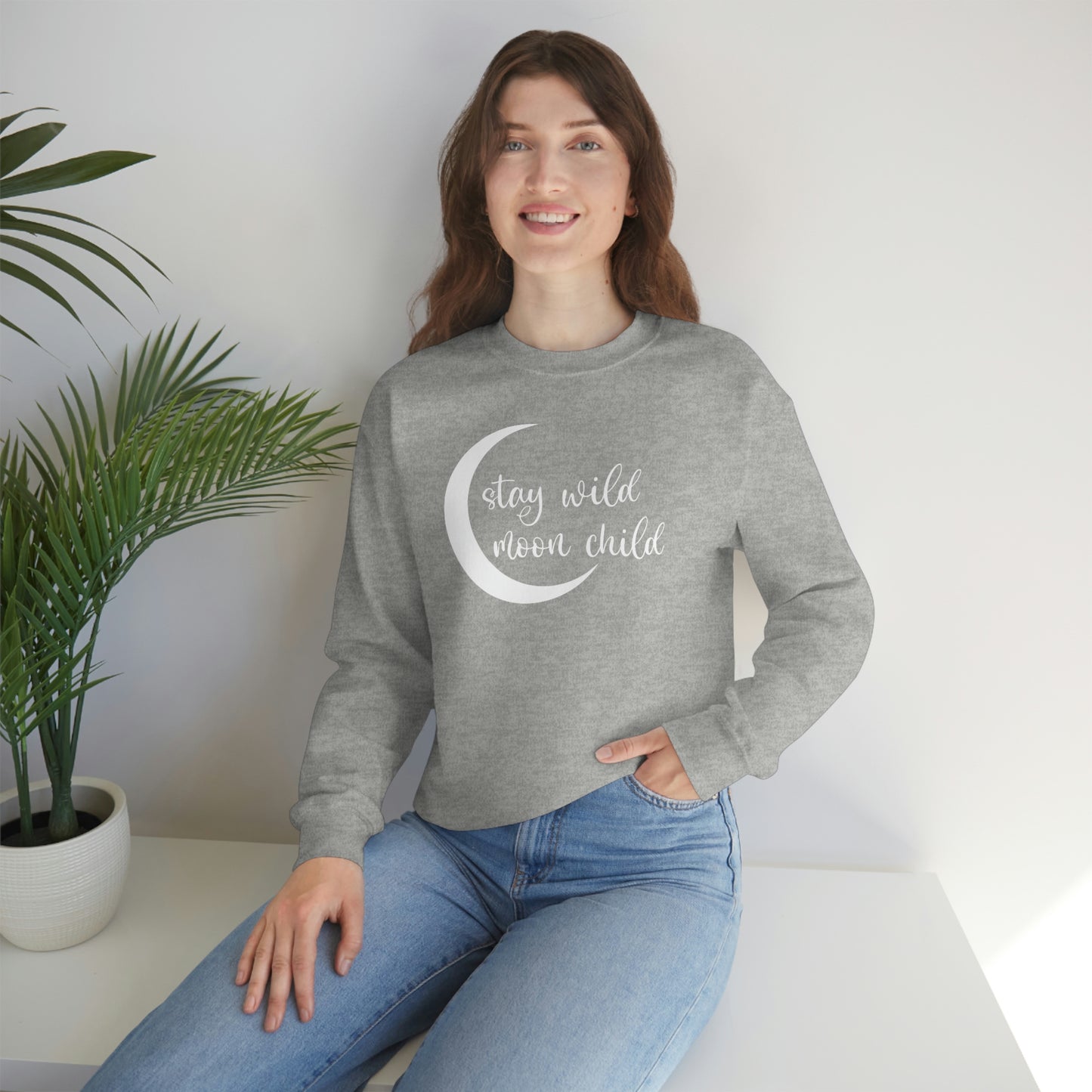 Stay Wild Moon Child White Font unisex heavy blend crewneck sweatshirt