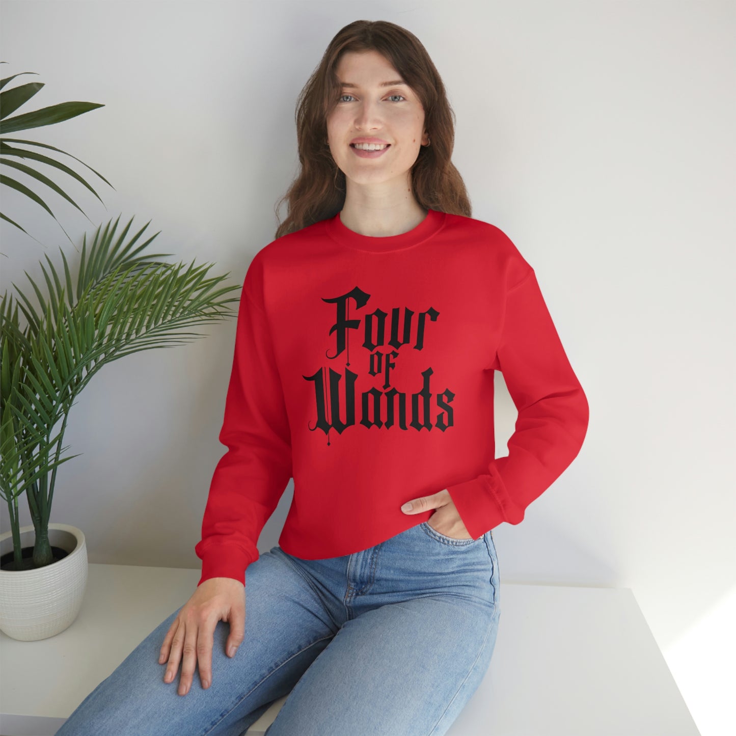 Four of Wands Black Logo White unisex heavy blend crewneck sweatshirt