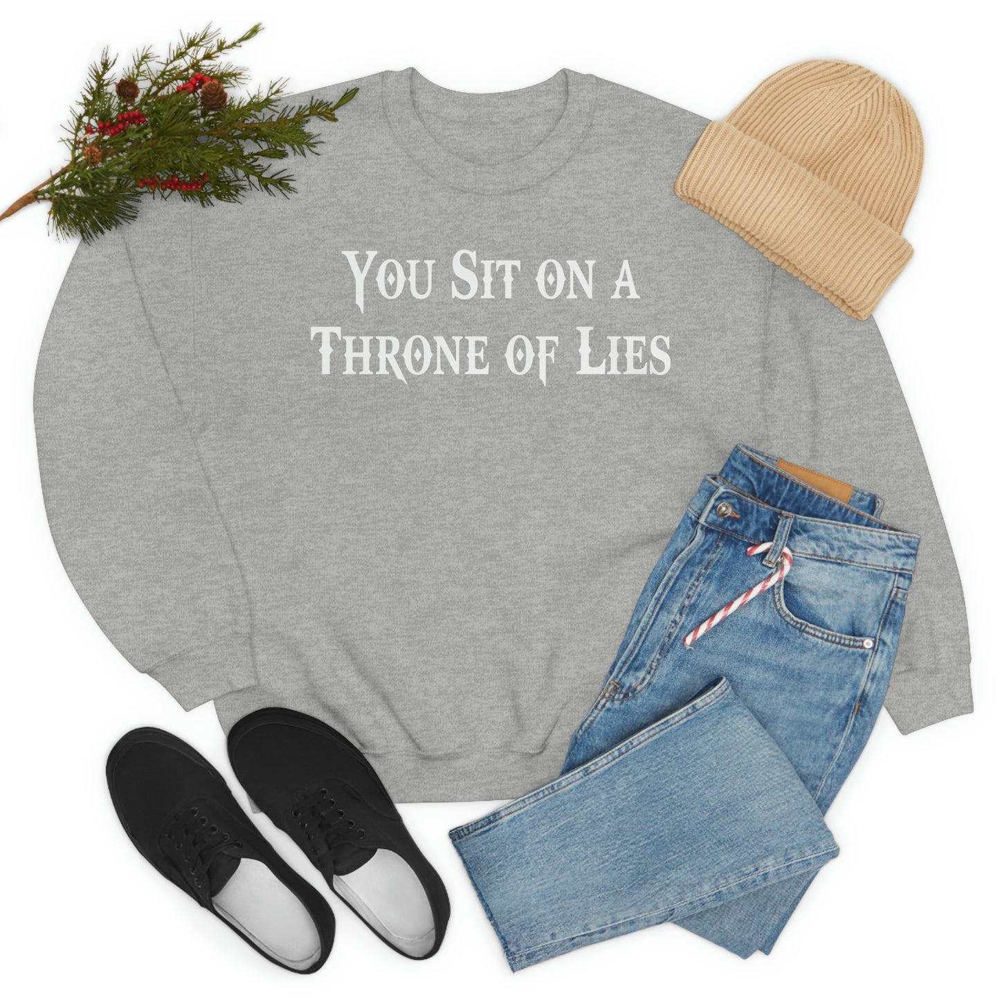 You Sit on A Throne of Lies White Font unisex heavy blend crewneck sweatshirt