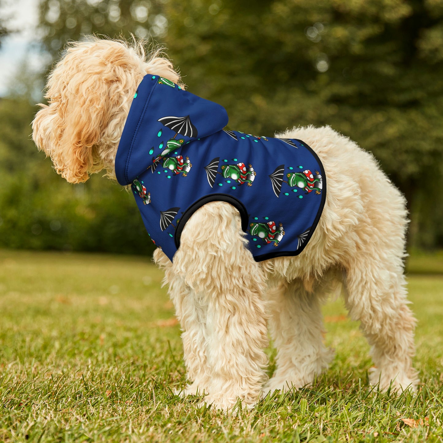 Rainy Day Frog Dk Blue Dog Hoodie