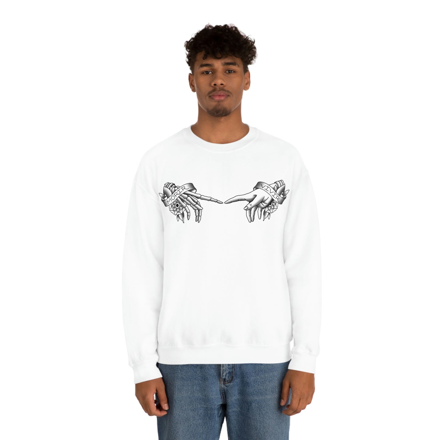 Morir-Vivir Hands Black on White unisex heavy blend crewneck sweatshirt