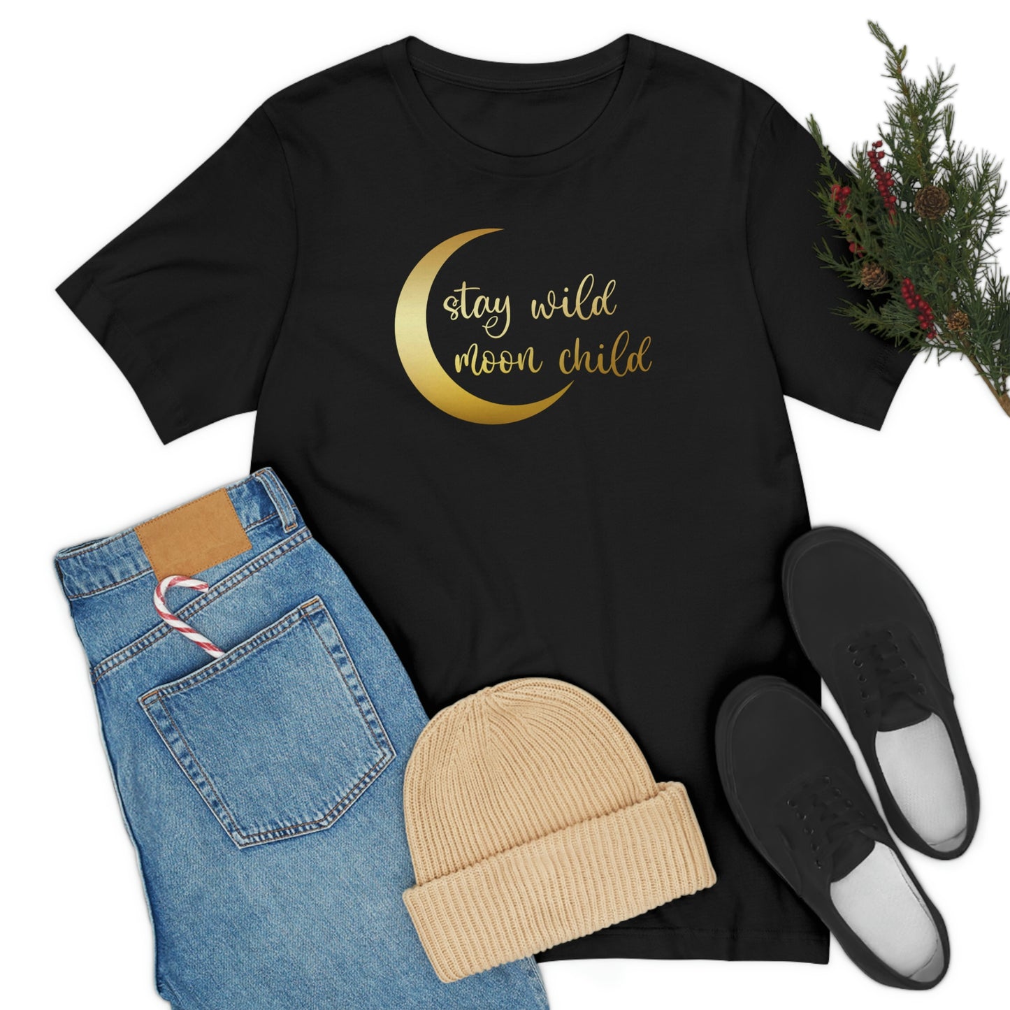 Stay Wild Moon Child Gold Font Unisex Jersey Short Sleeve Tee