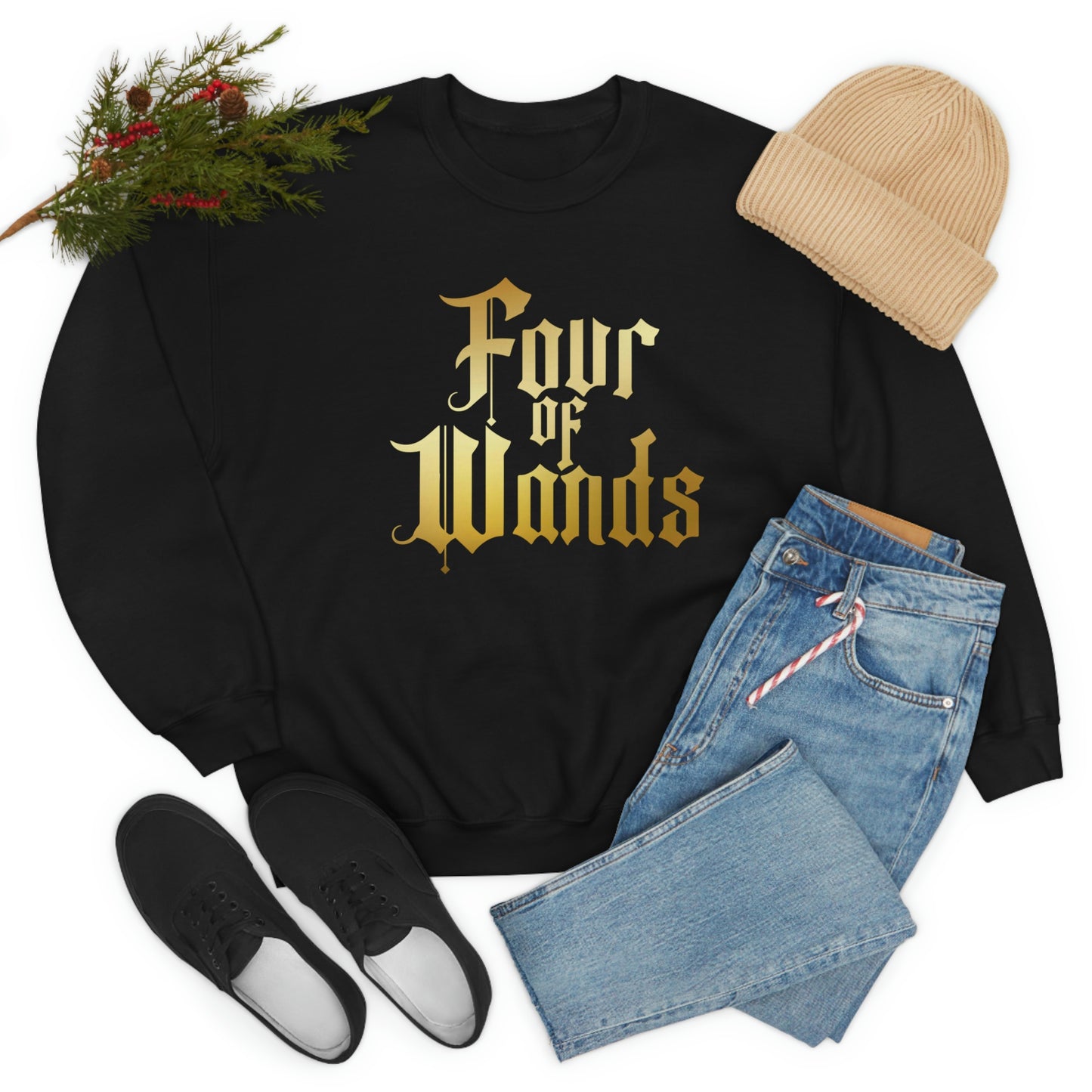 Four of Wands Logo Gold Font Black unisex heavy blend crewneck sweatshirt