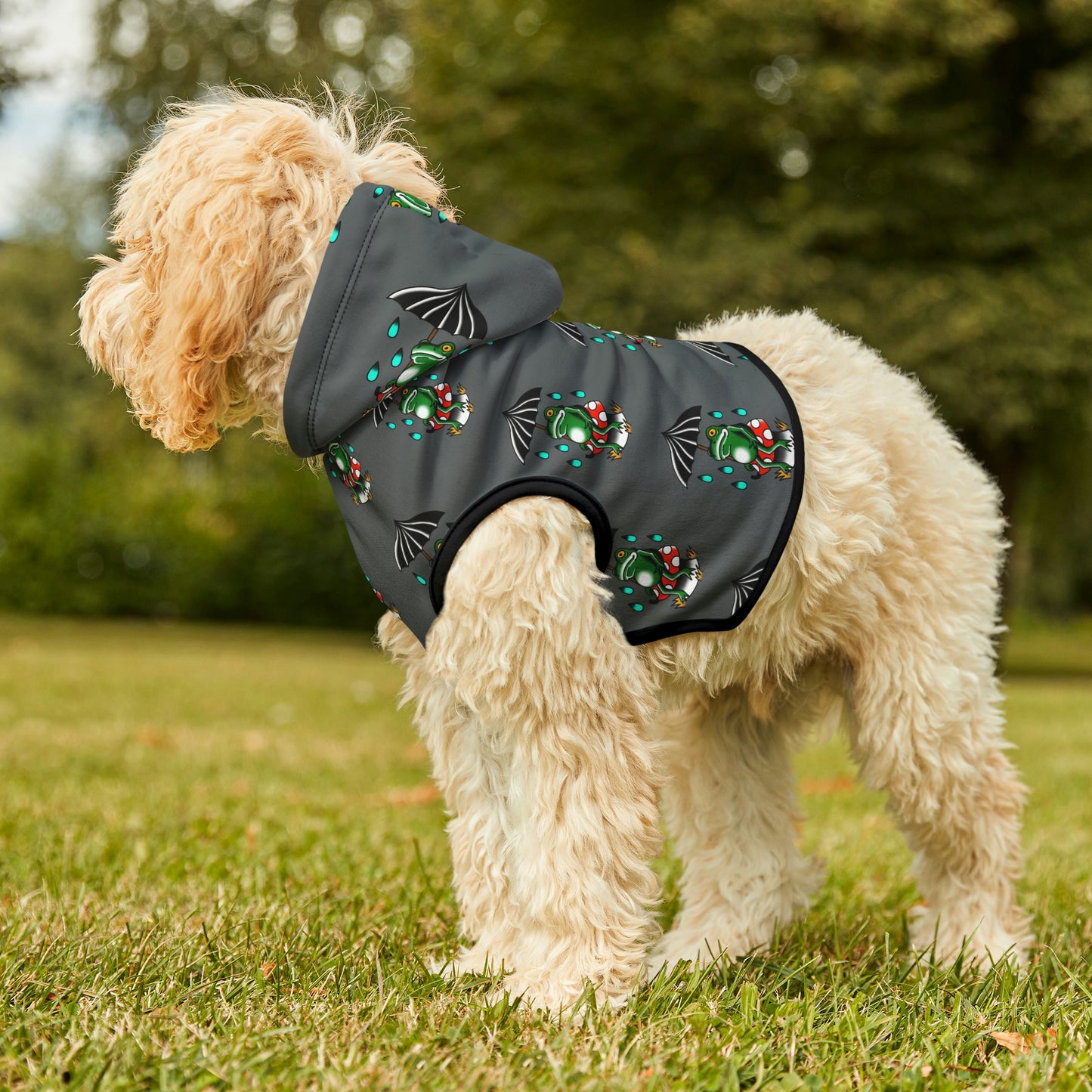 Rainy Day Frog Dk Grey Dog Hoodie