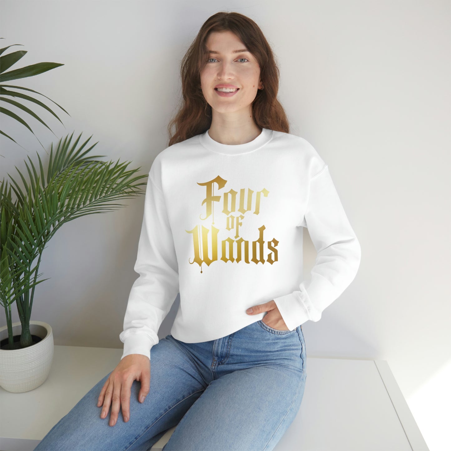 Four of Wands Logo Gold Font Black unisex heavy blend crewneck sweatshirt