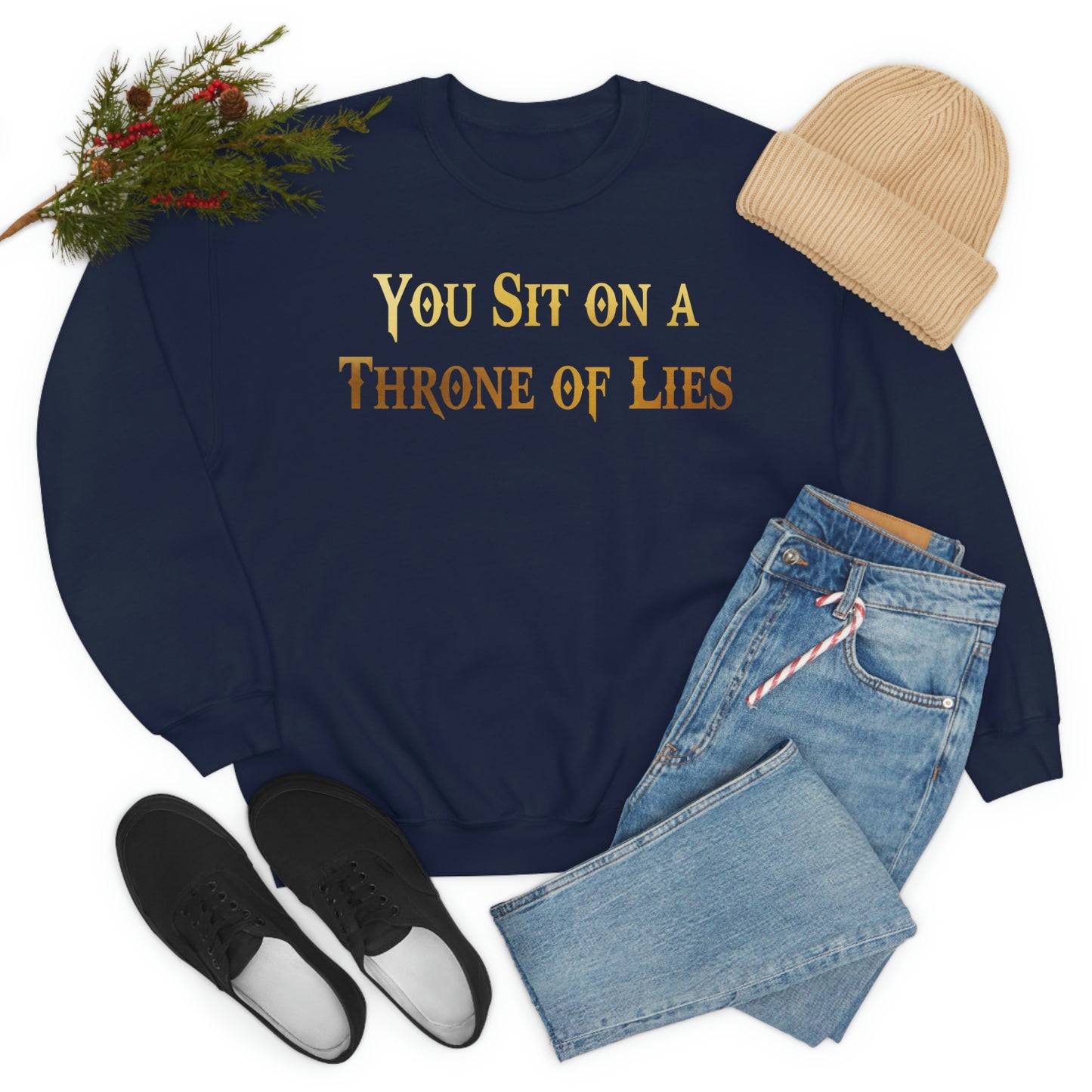 You Sit on A Throne of Lies Gold Font unisex heavy blend crewneck sweatshirt