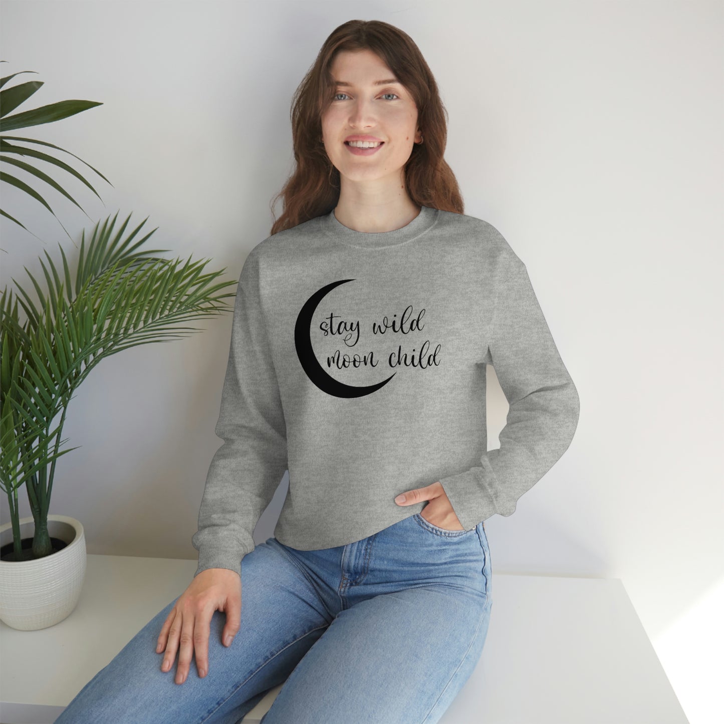 Stay Wild Moon Child Black Font White unisex heavy blend crewneck sweatshirt