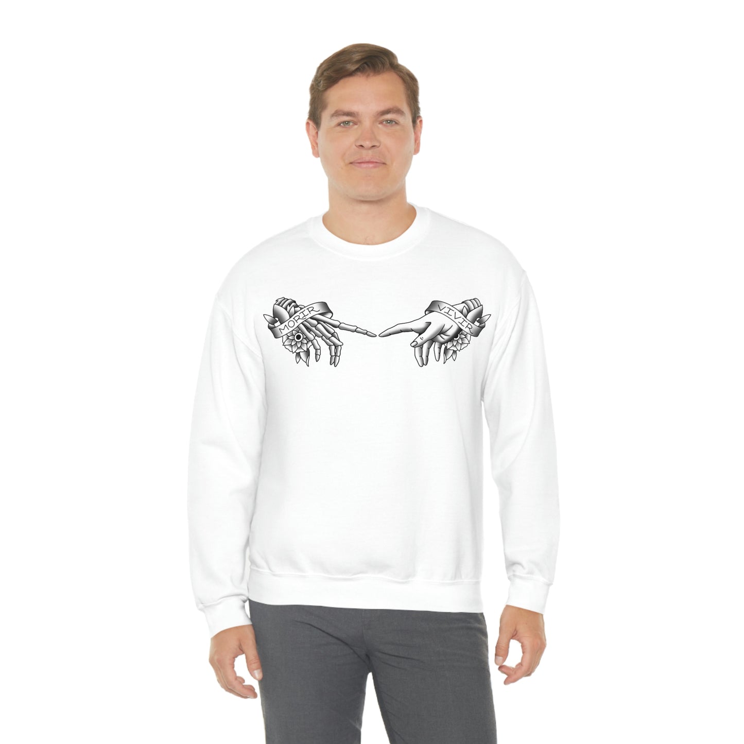 Morir-Vivir Hands Black on White unisex heavy blend crewneck sweatshirt