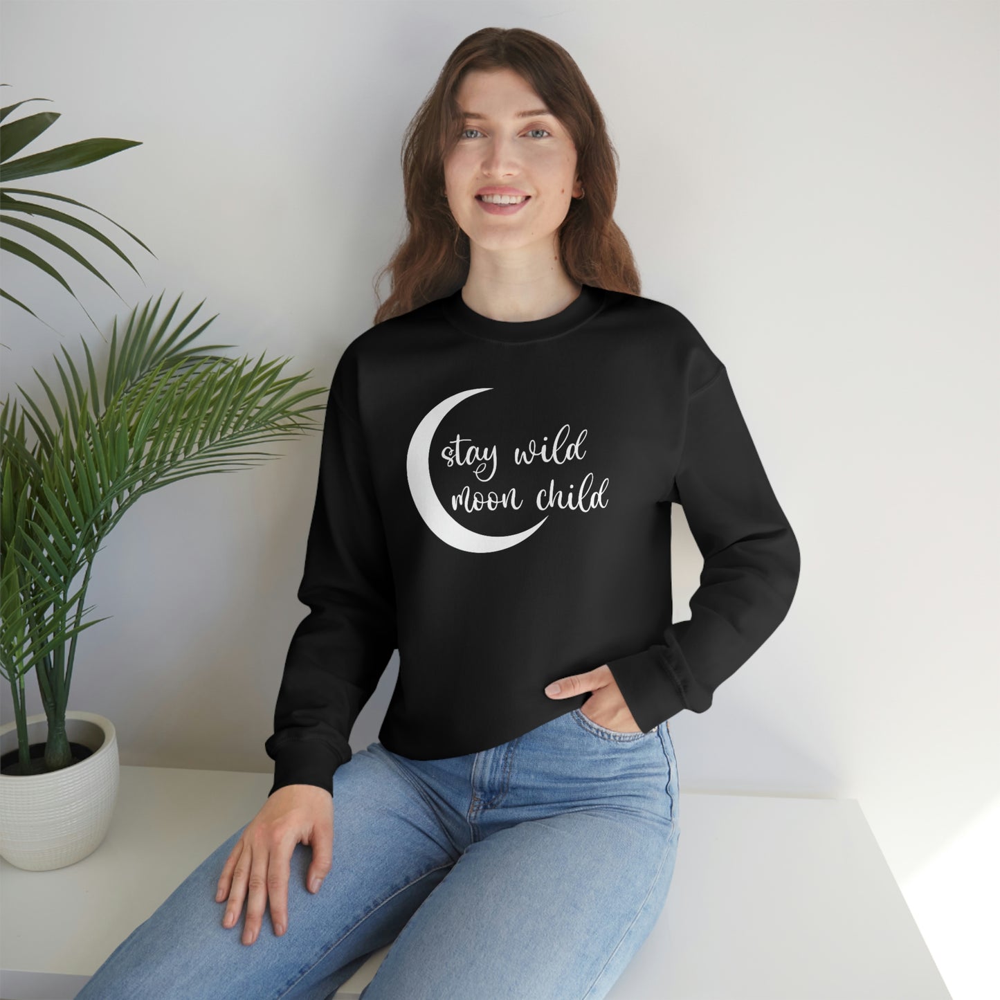 Stay Wild Moon Child White Font unisex heavy blend crewneck sweatshirt