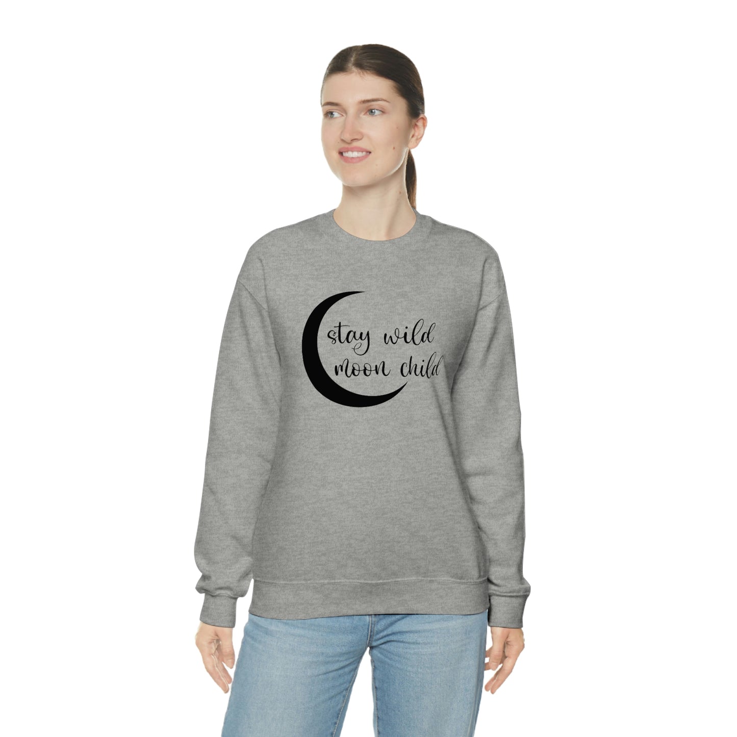 Stay Wild Moon Child Black Font White unisex heavy blend crewneck sweatshirt