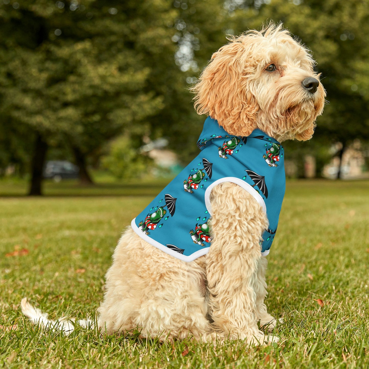 Rainy Day Frog Teal Dog Hoodie