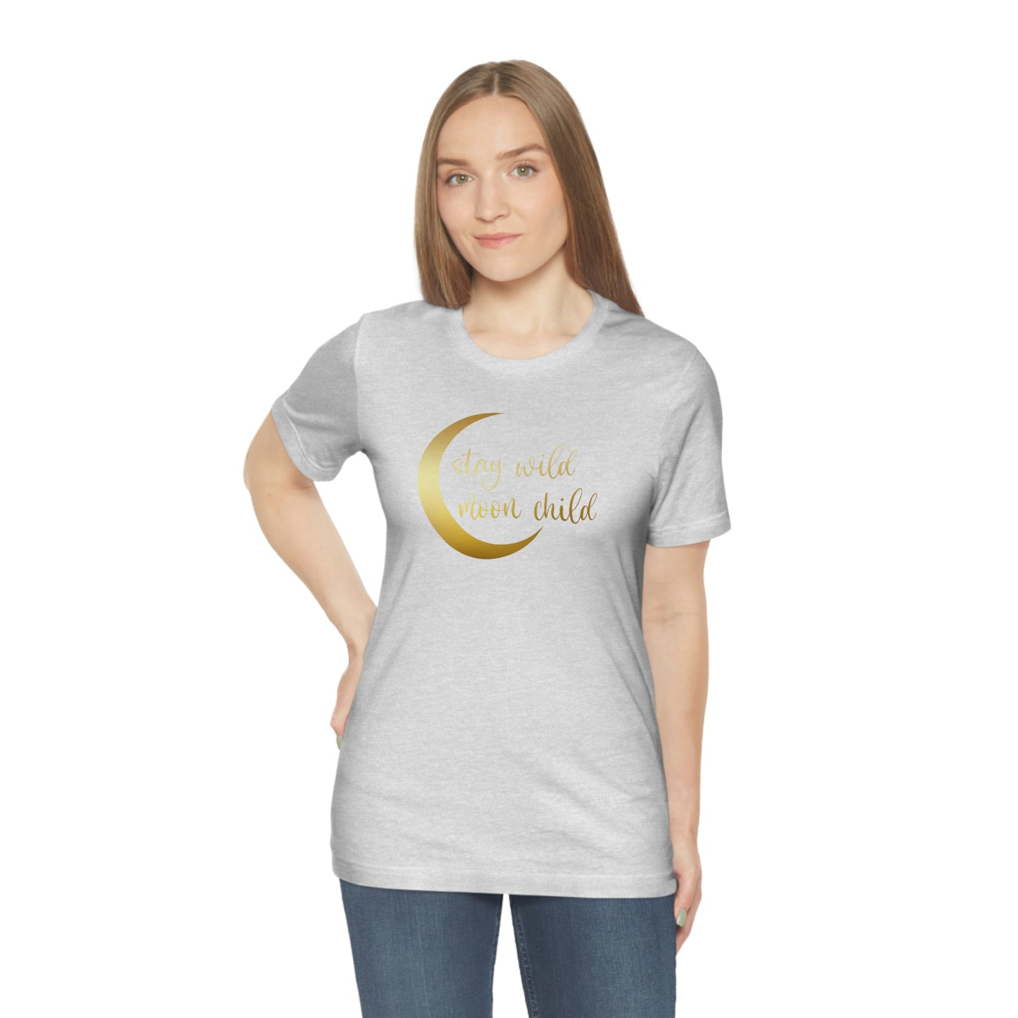 Stay Wild Moon Child Gold Font Unisex Jersey Short Sleeve Tee