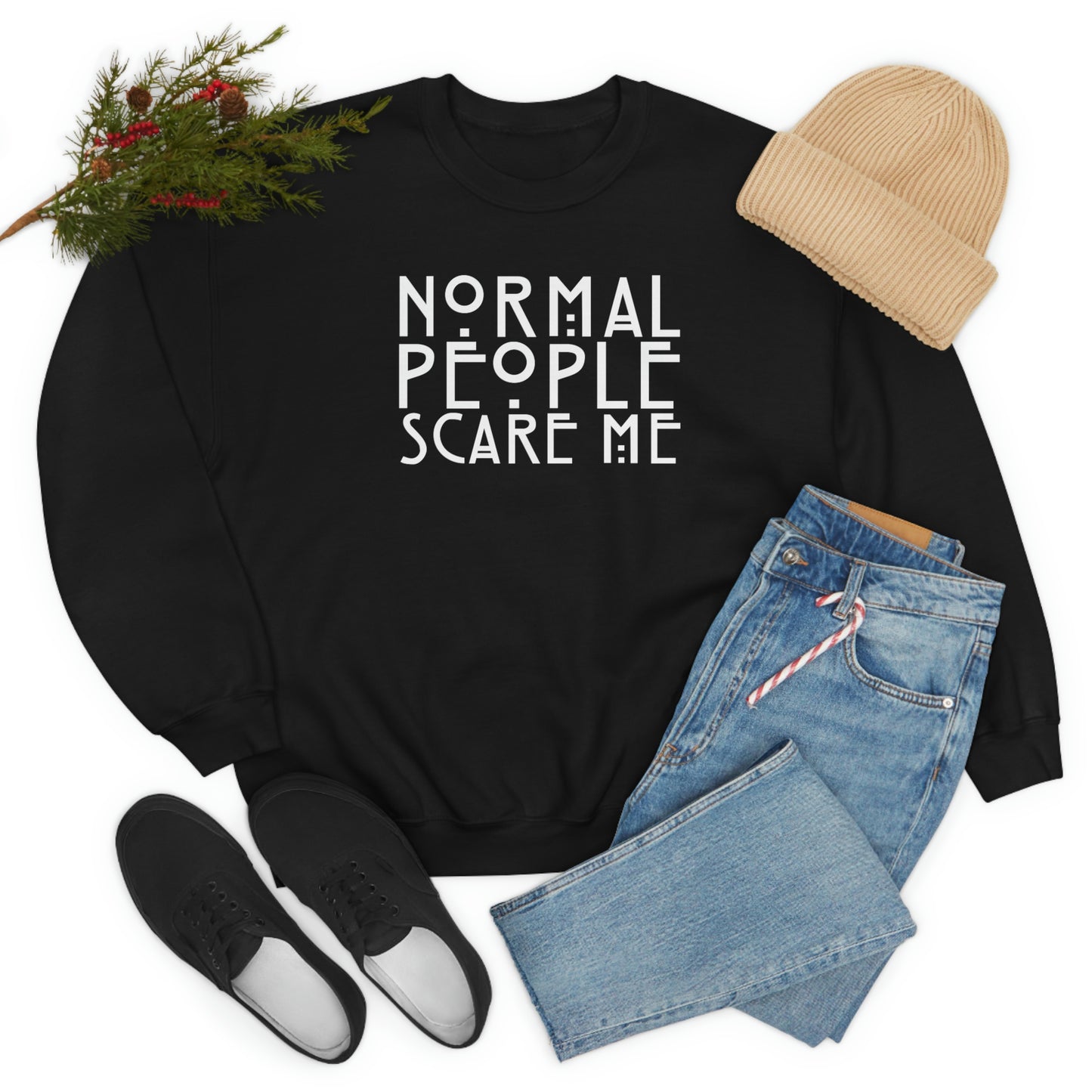 Normal People Scare Me White Font unisex heavy blend crewneck sweatshirt