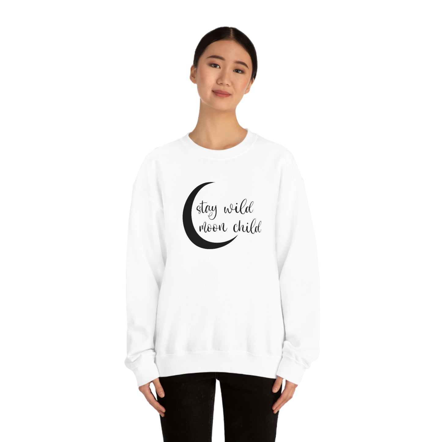 Stay Wild Moon Child Black Font White unisex heavy blend crewneck sweatshirt