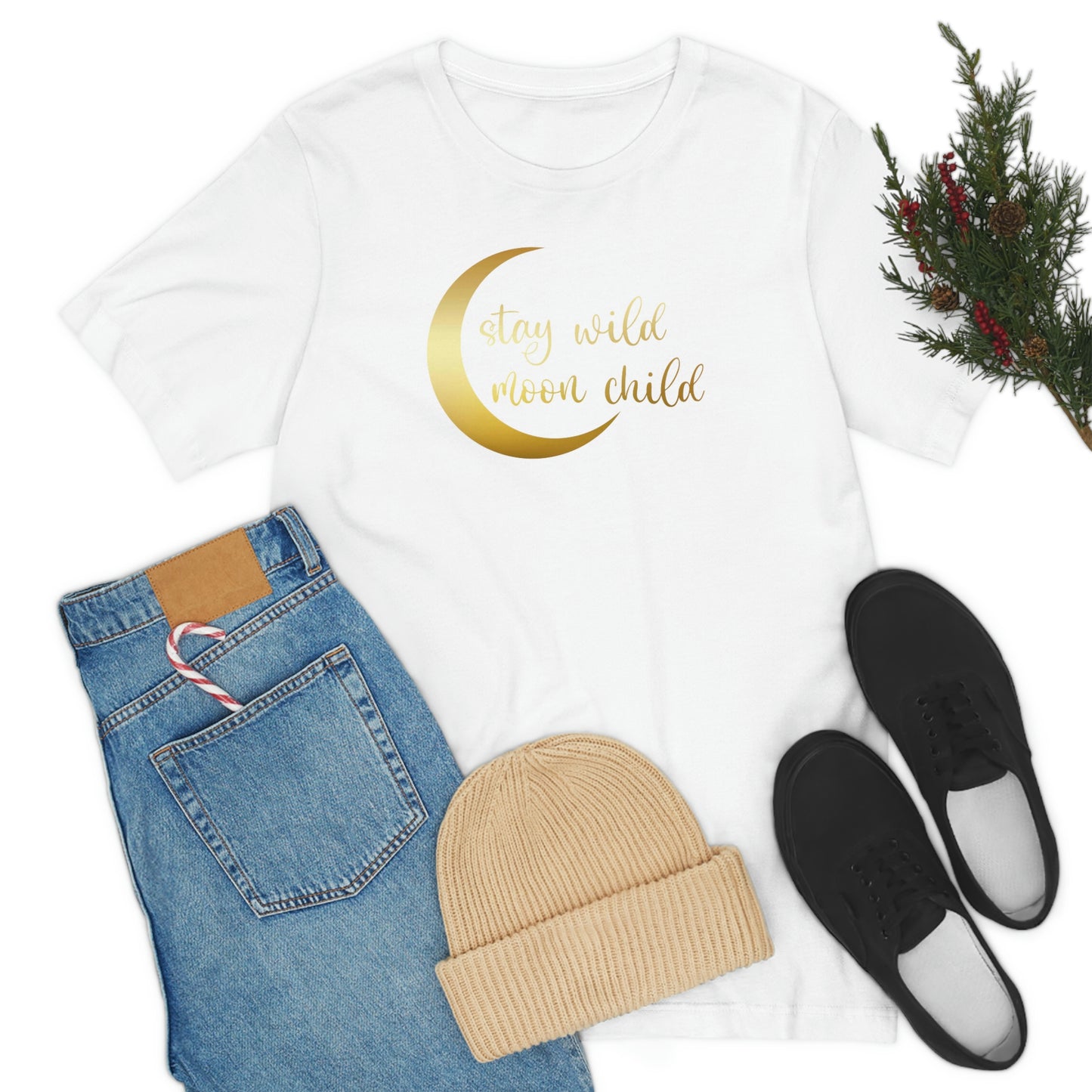 Stay Wild Moon Child Gold Font Unisex Jersey Short Sleeve Tee