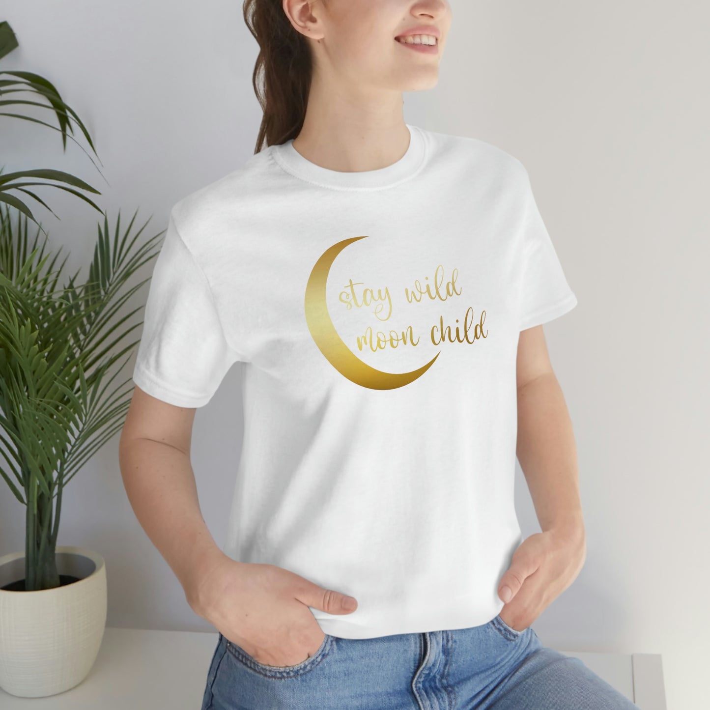 Stay Wild Moon Child Gold Font Unisex Jersey Short Sleeve Tee