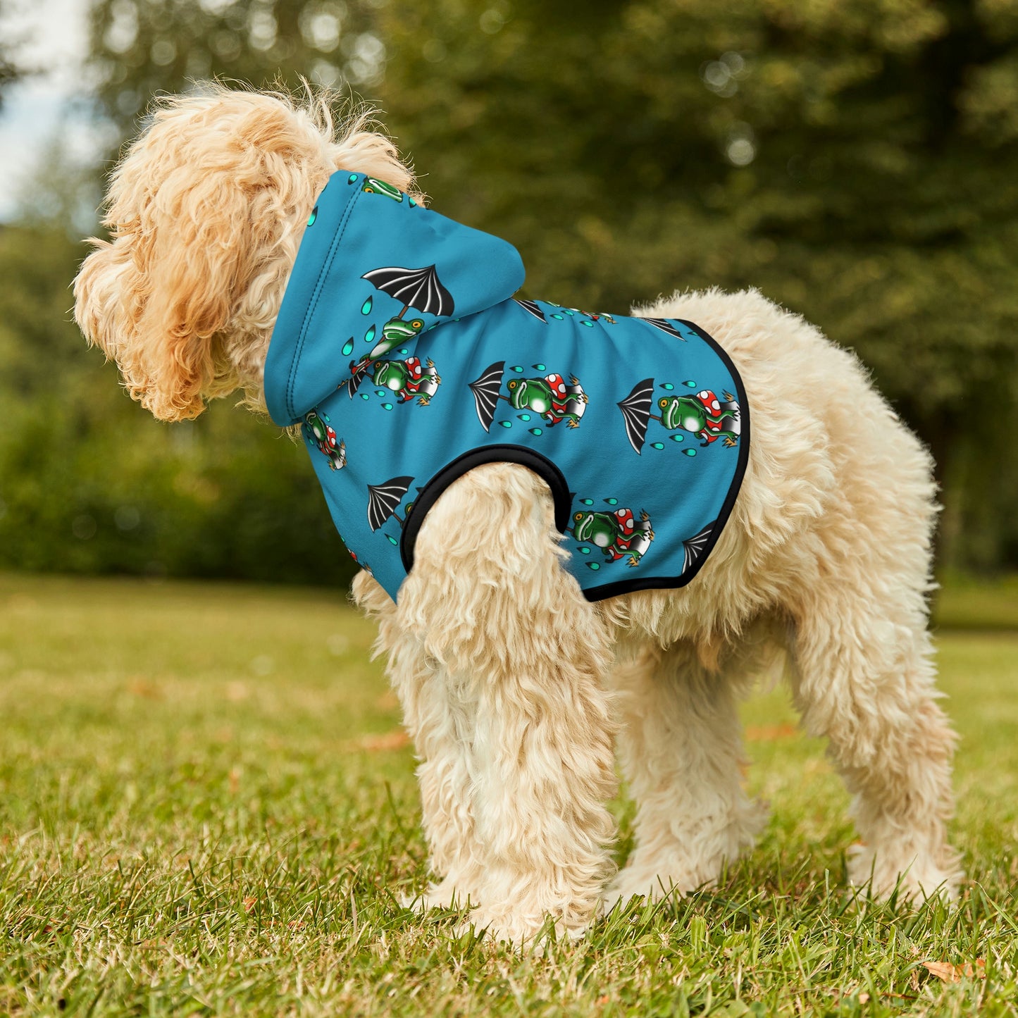 Rainy Day Frog Teal Dog Hoodie