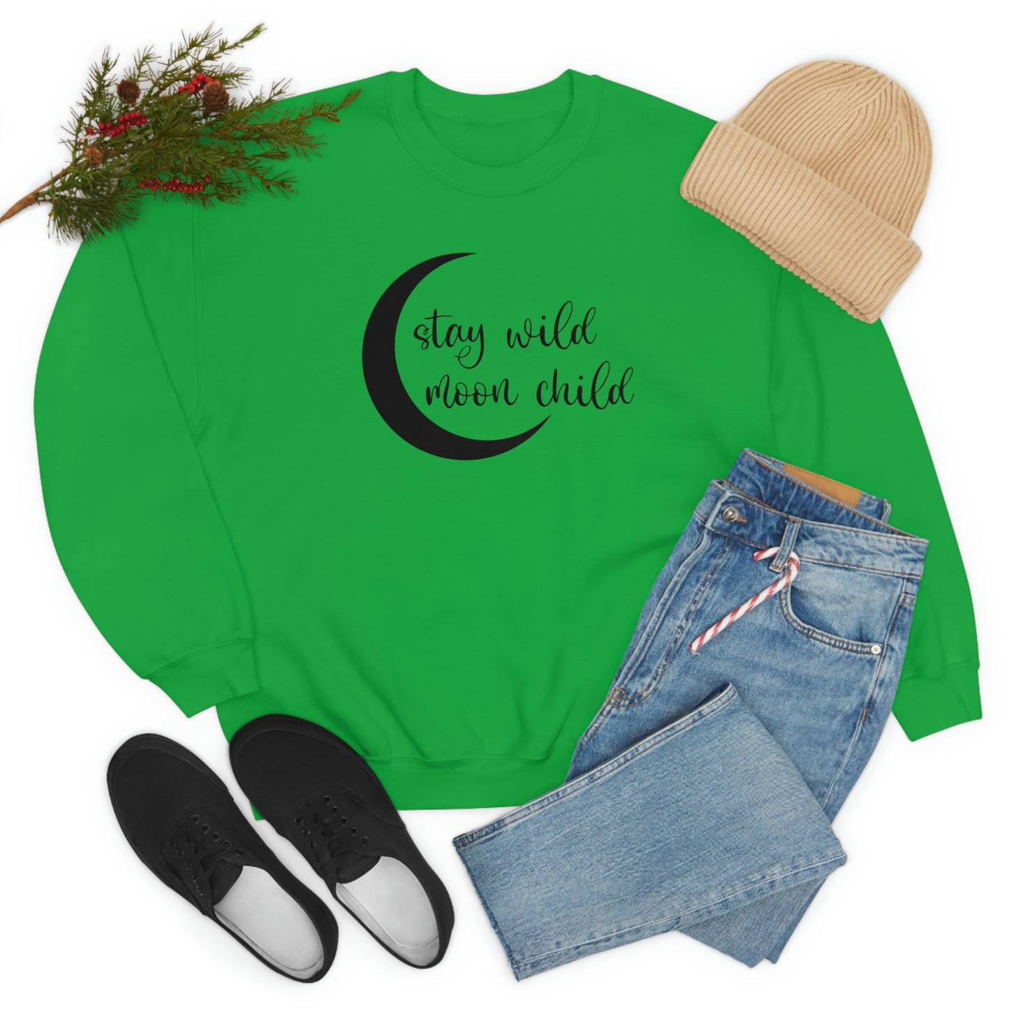 Stay Wild Moon Child Black Font White unisex heavy blend crewneck sweatshirt