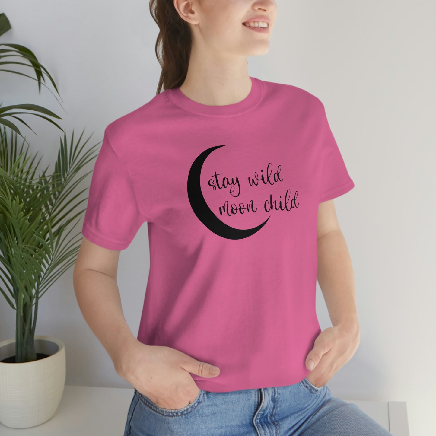 Stay Wild Moon Child Black Font Unisex Jersey Short Sleeve Tee