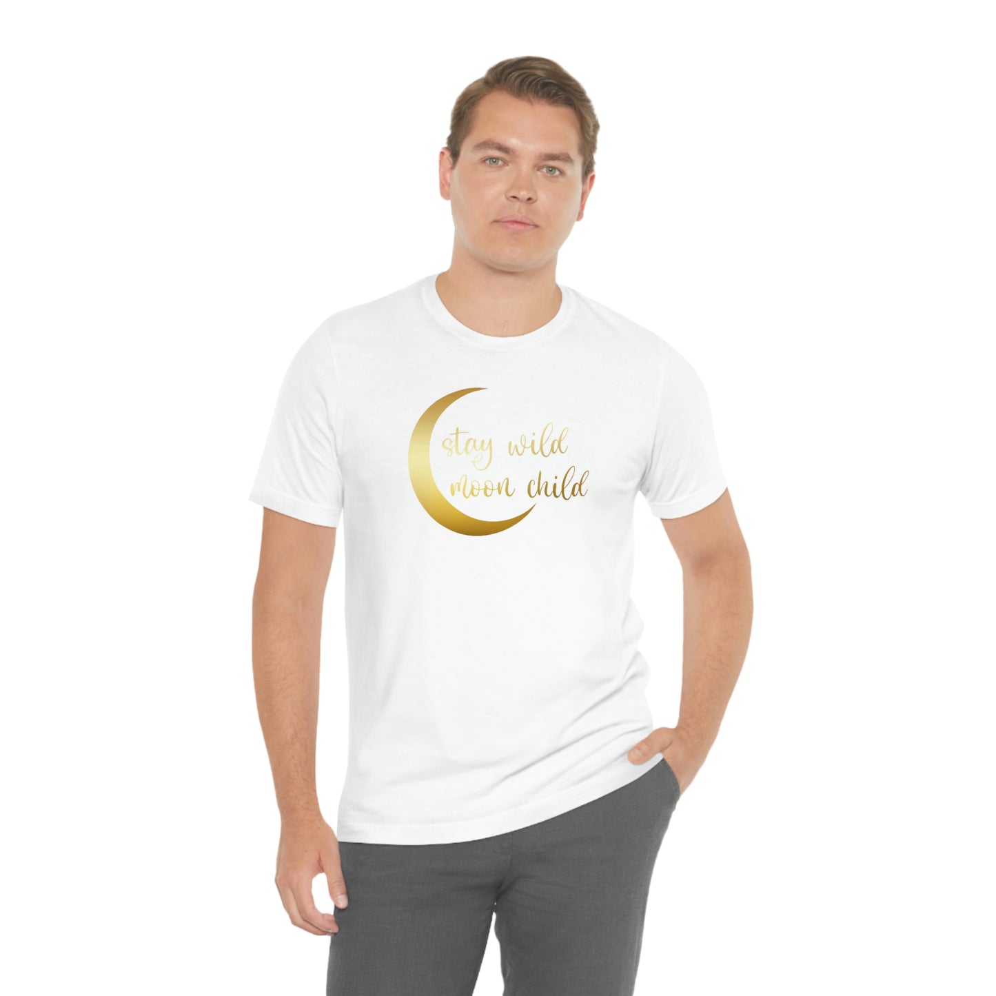 Stay Wild Moon Child Gold Font Unisex Jersey Short Sleeve Tee