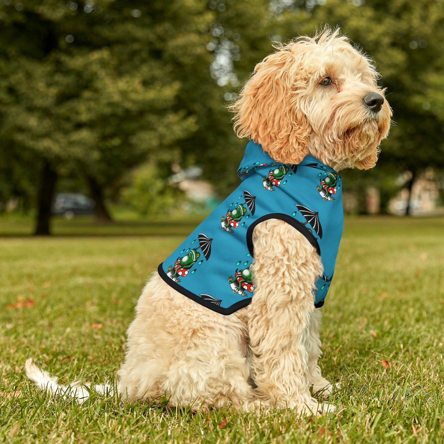 Rainy Day Frog Teal Dog Hoodie