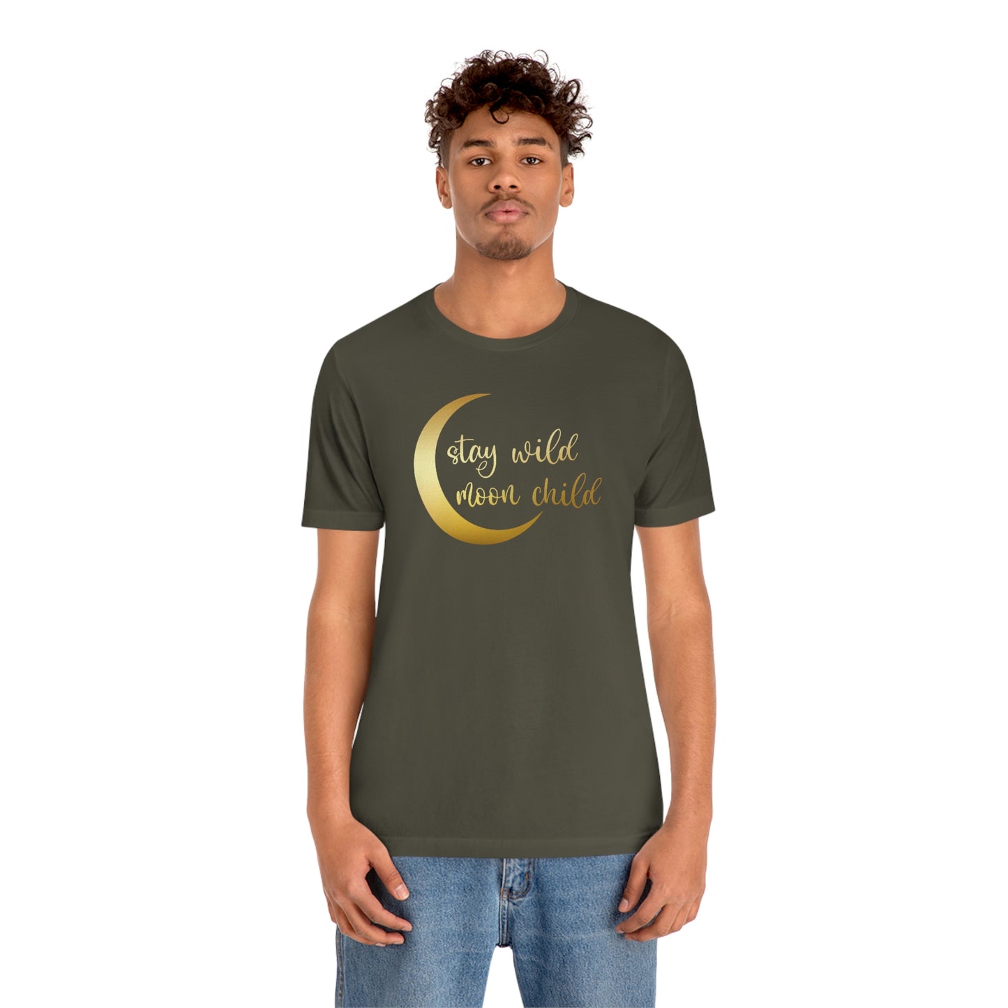 Stay Wild Moon Child Gold Font Unisex Jersey Short Sleeve Tee