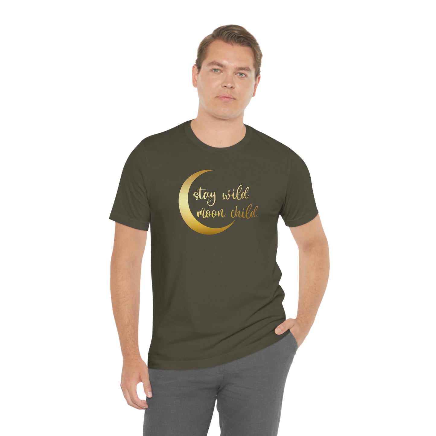 Stay Wild Moon Child Gold Font Unisex Jersey Short Sleeve Tee