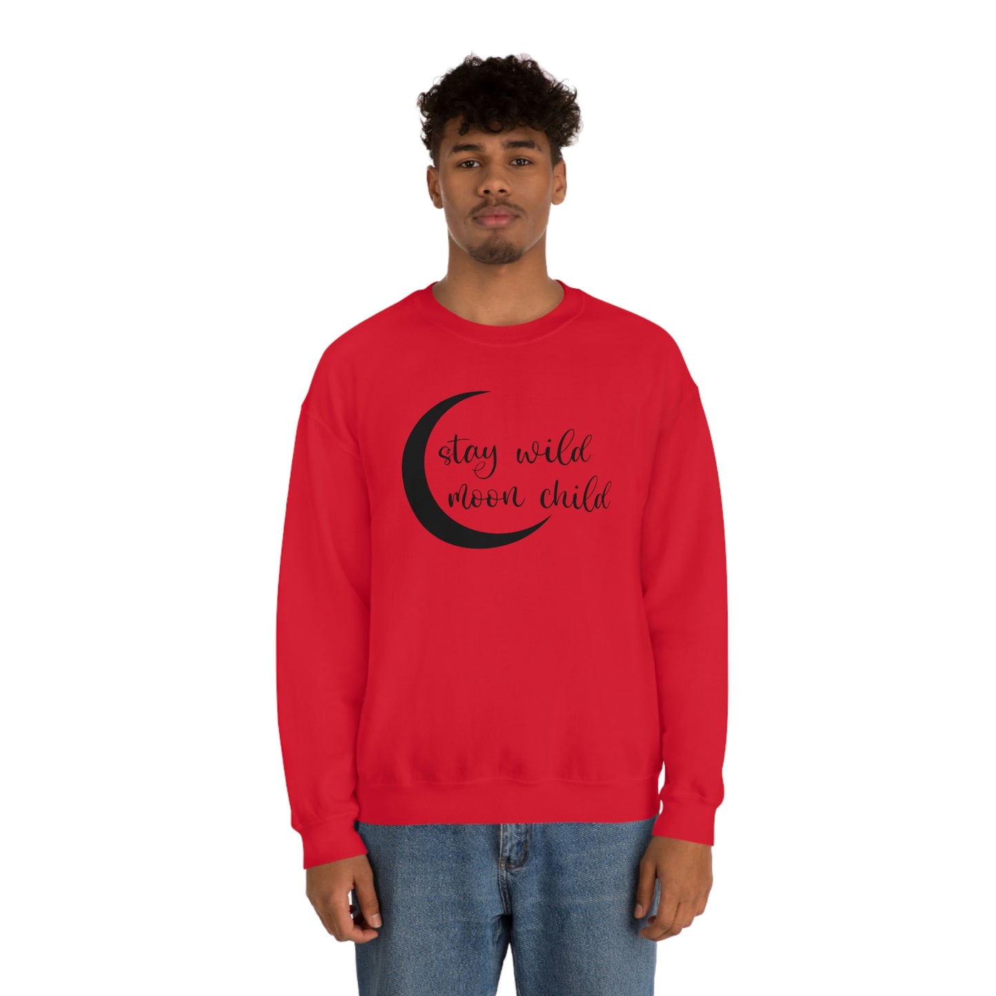 Stay Wild Moon Child Black Font White unisex heavy blend crewneck sweatshirt