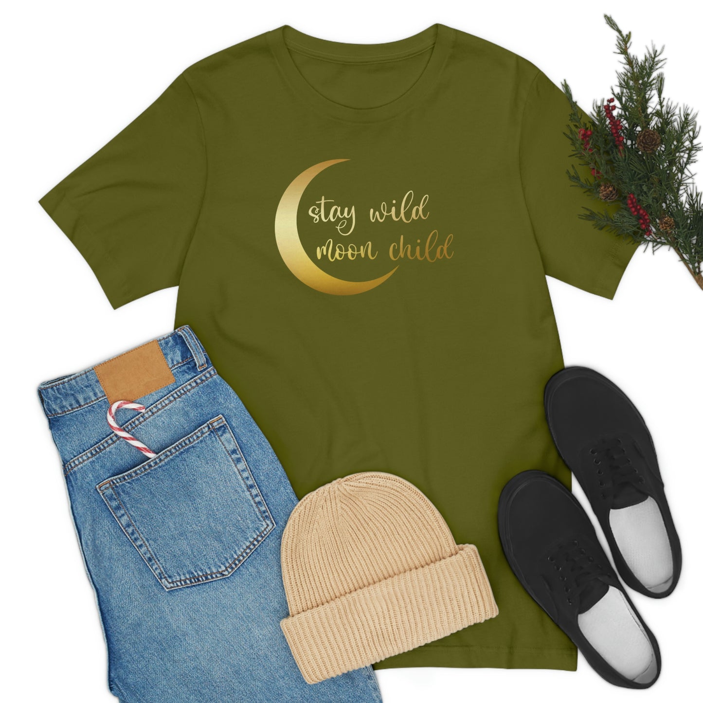 Stay Wild Moon Child Gold Font Unisex Jersey Short Sleeve Tee