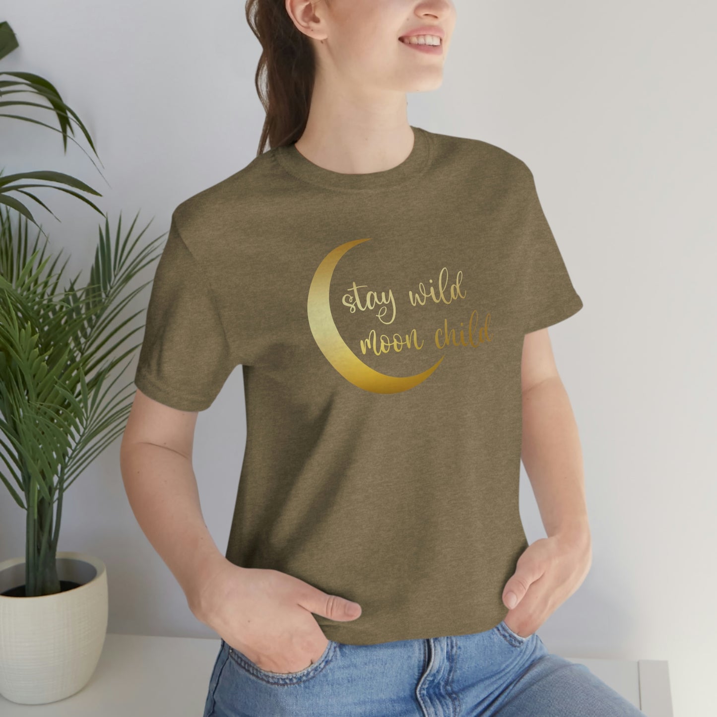 Stay Wild Moon Child Gold Font Unisex Jersey Short Sleeve Tee