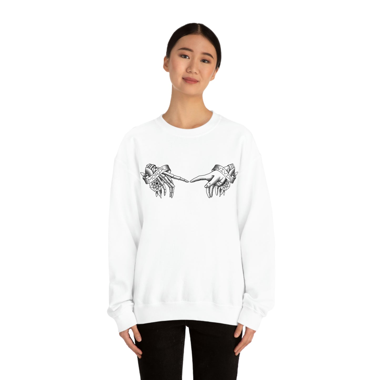 Morir-Vivir Hands Black on White unisex heavy blend crewneck sweatshirt