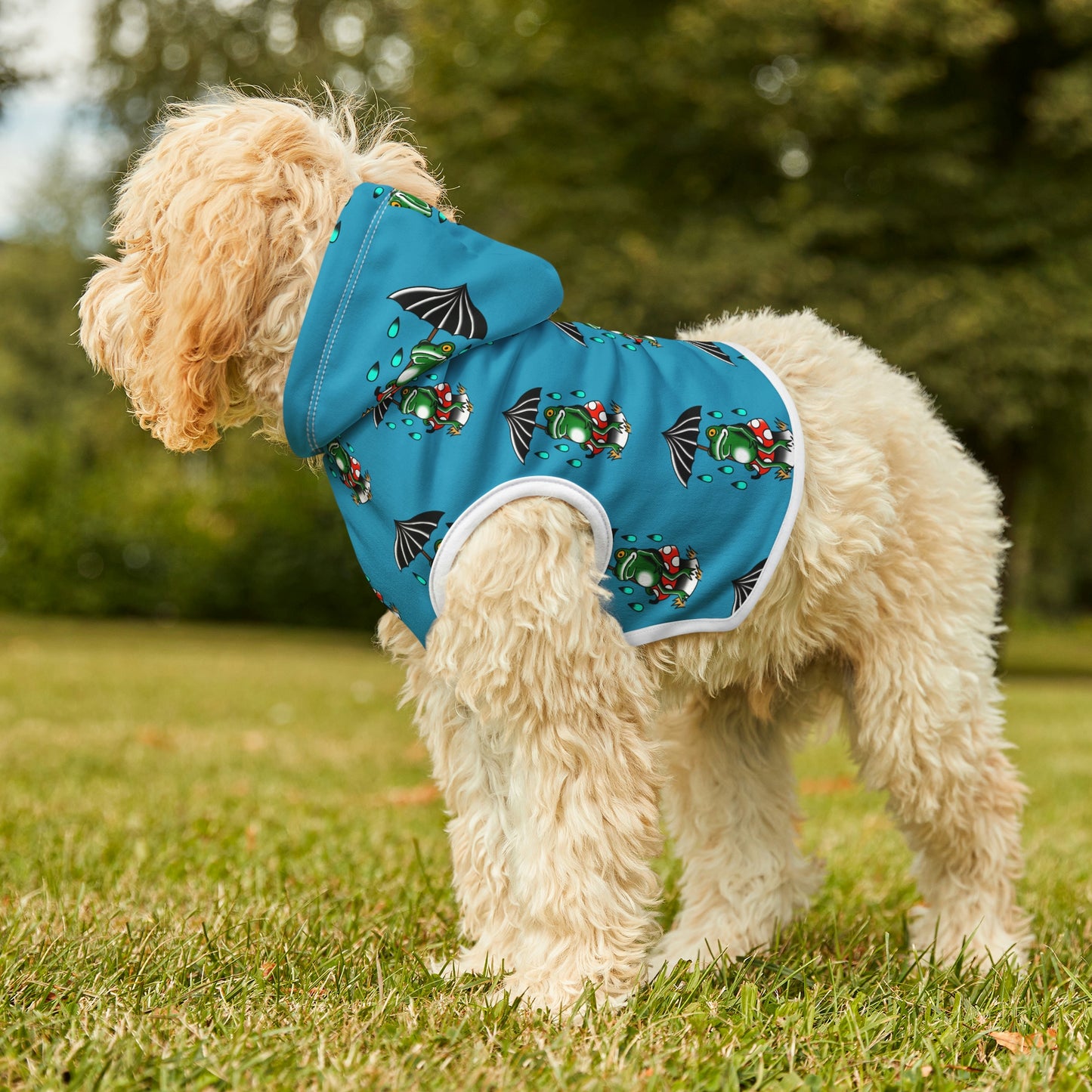 Rainy Day Frog Teal Dog Hoodie