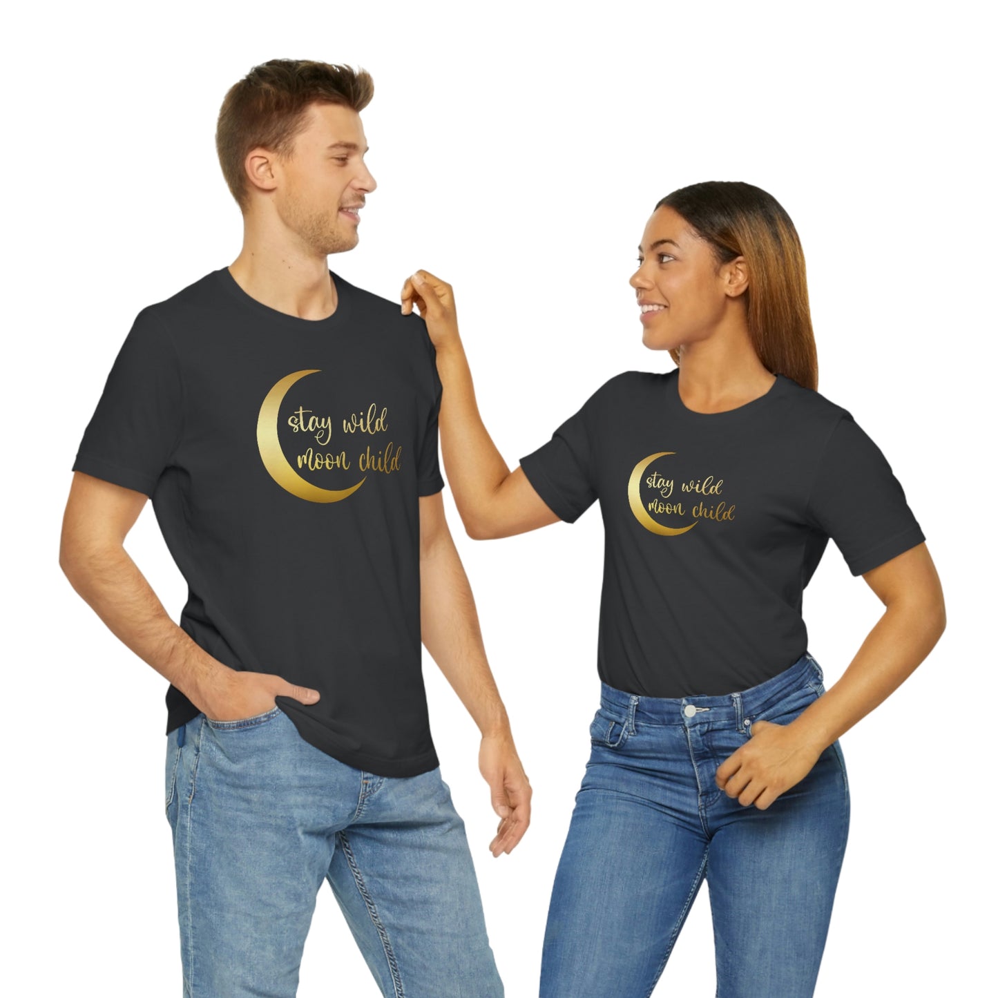 Stay Wild Moon Child Gold Font Unisex Jersey Short Sleeve Tee