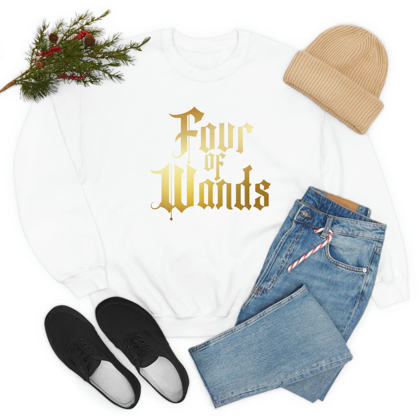 Four of Wands Logo Gold Font Black unisex heavy blend crewneck sweatshirt